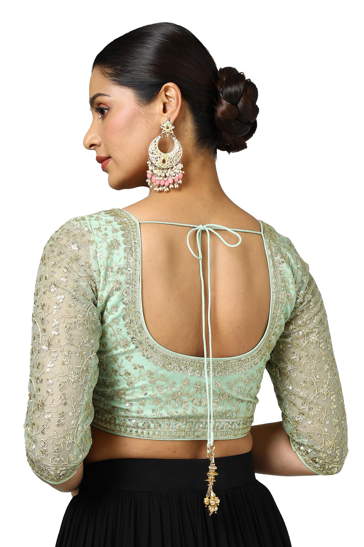 Soch Women's Net Embellished Short Sleeve Regular Fit Blouse (BLFSEMB00649_Green 38)