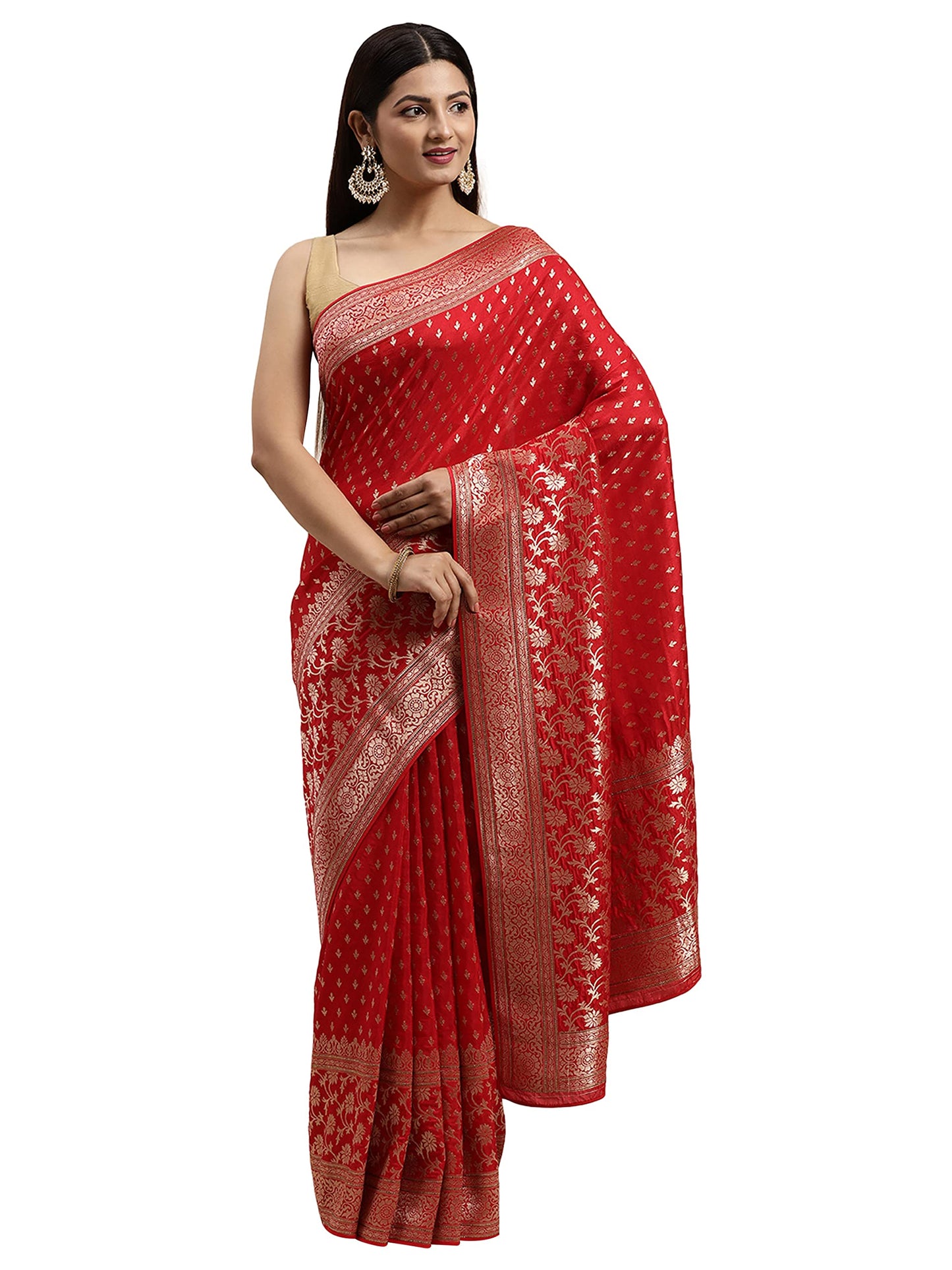 MOHEY Women's Ethnic Saree, All Over Jaal, Border with Blouse Piece Traditional Womens Saree for Festival, Wedding, Party (Red)