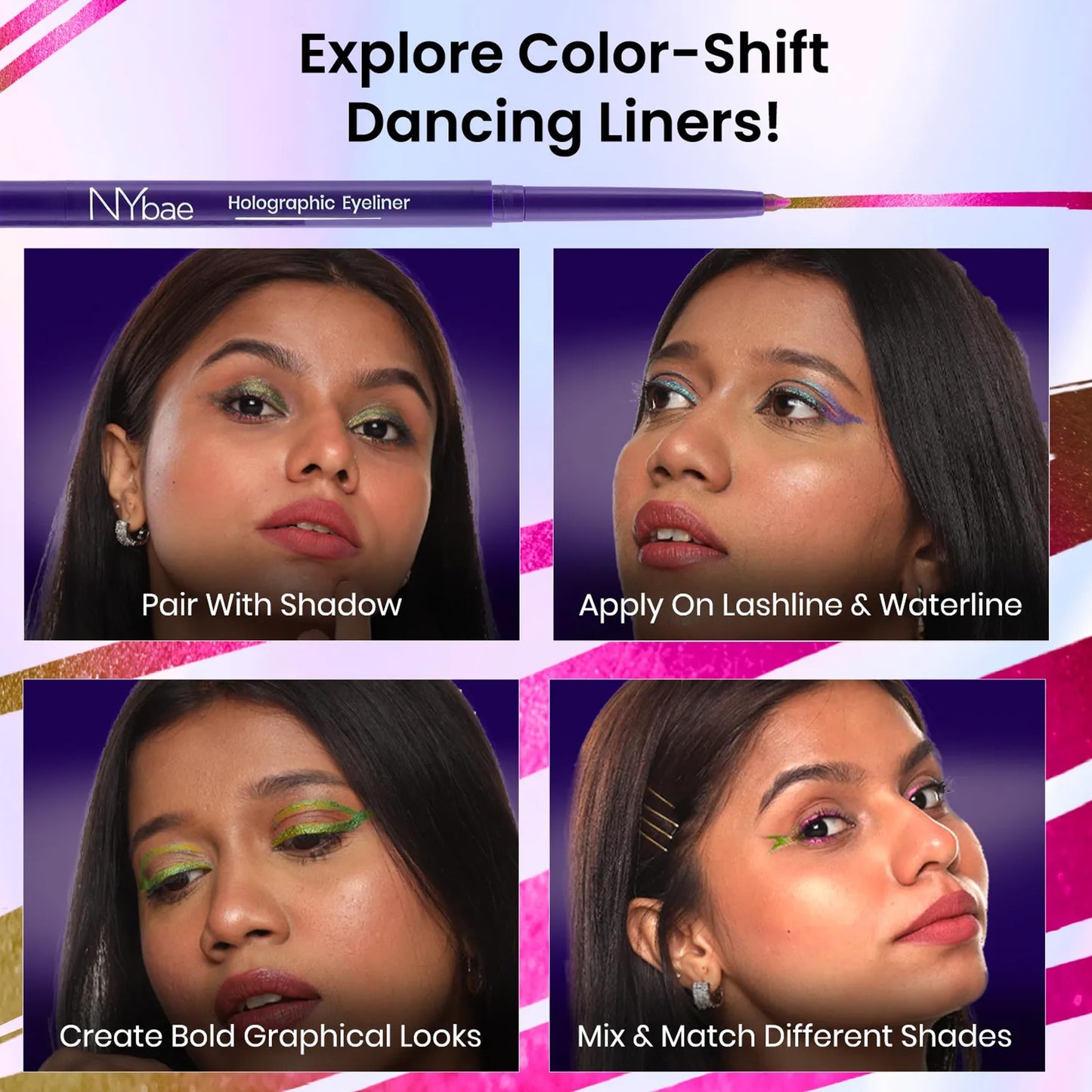 NY Bae Holographic Gel Eyeliner - Pink Chrome 02 | Green Pink Eyeliner (0.25g) | Waterproof & Smudgeproof | Multi-Chrome | Smooth Glide | Long Lasting | Eyeliner + Kajal + Eyeshadow | Eye Makeup