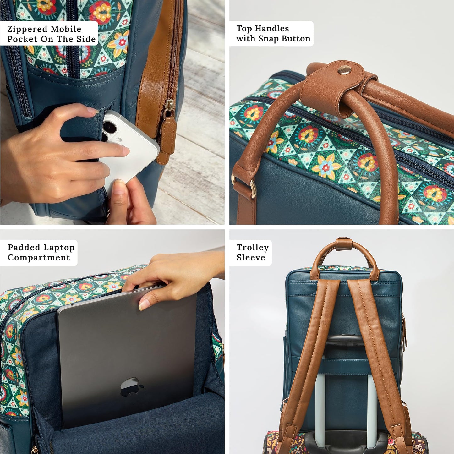 Chumbak Bombay Backpack for Women, Navy Floral PU Leather, Digital Nomad Collection, Trendy and Functional Backpack with Zipper, Ideal for Daily Commute and Travel