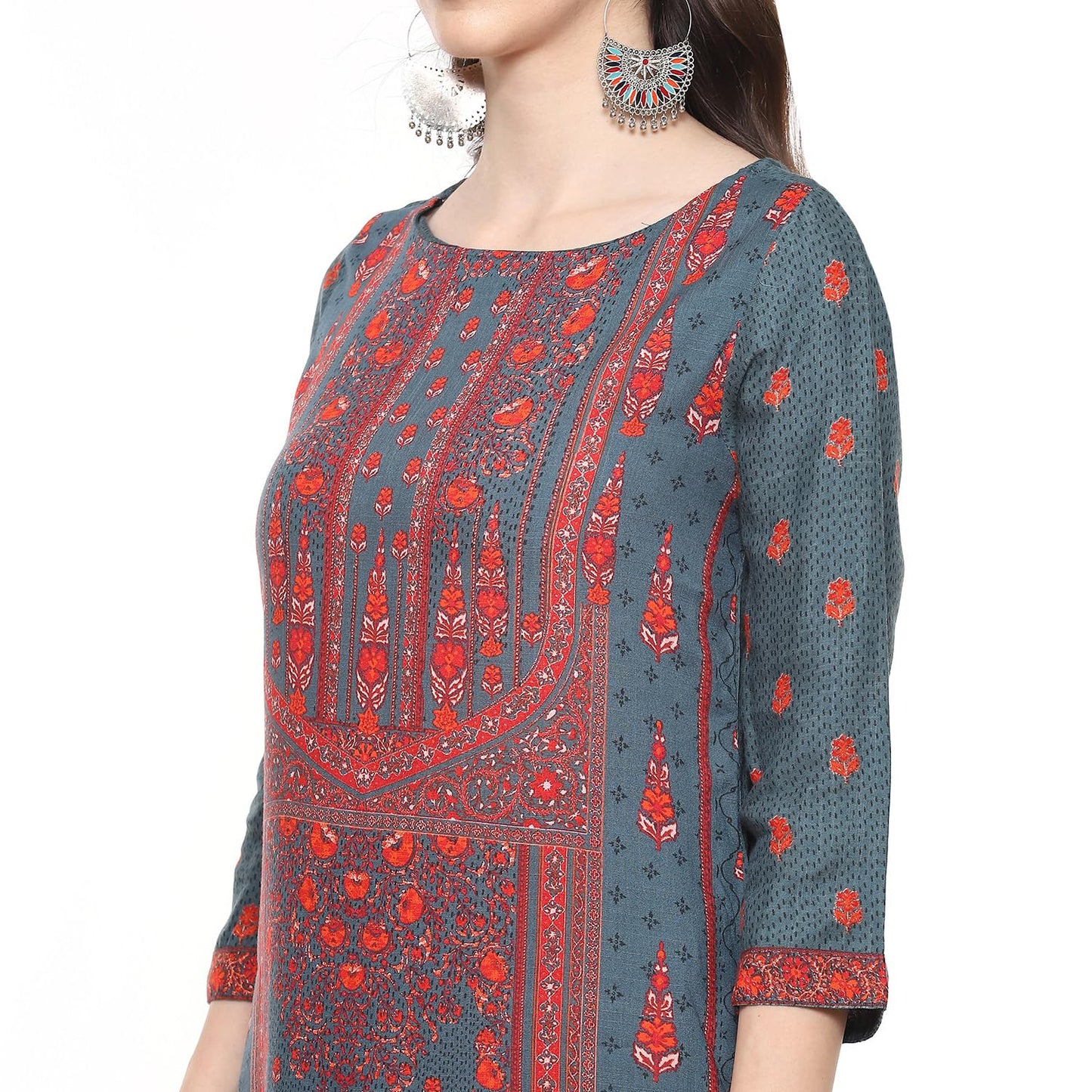 BIBA Women's Rayon Women's Regular Fit Straight Kurta Printed Mix and Match(Assorted19749_Teal_36)