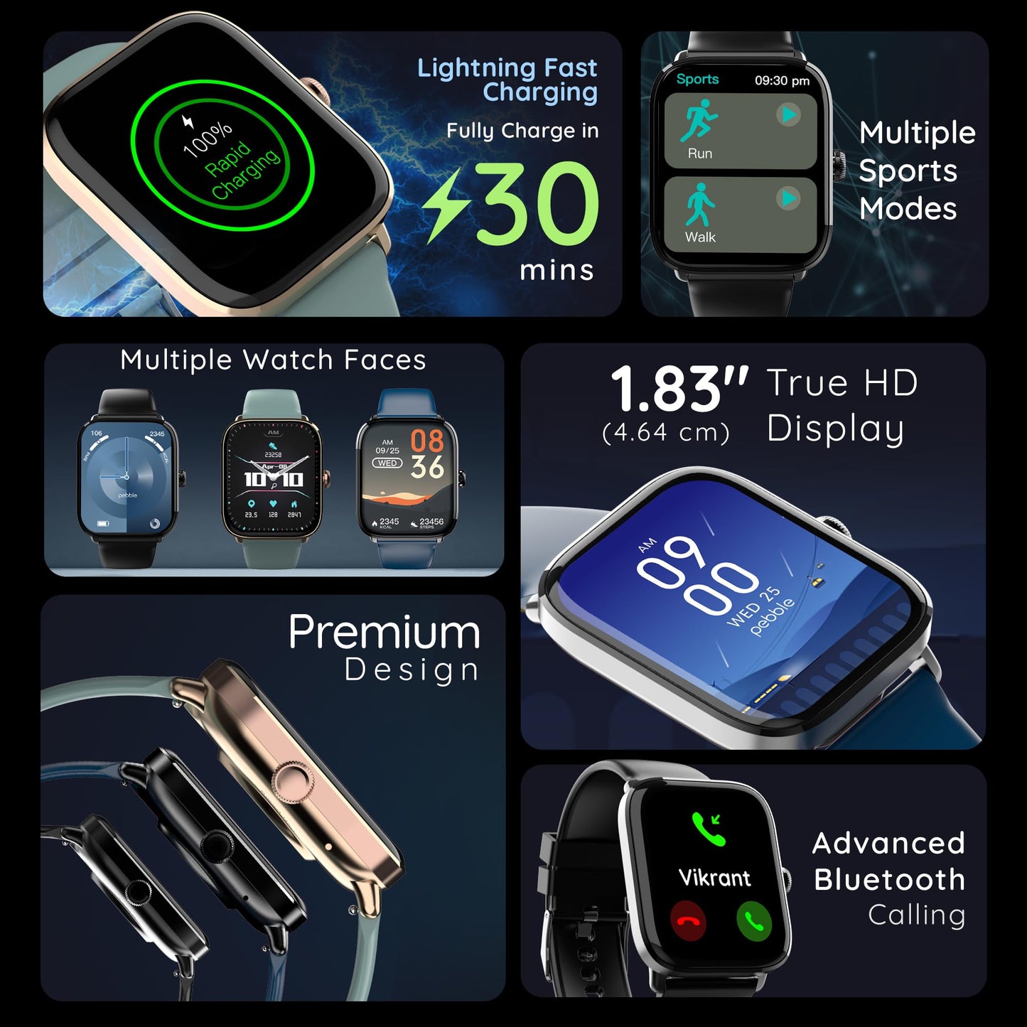 (Refurbished) Pebble Ultra Rapid 1.83" HD Display. India's First Fastest Charging, Premium Metal Built, Unisex Design Smartwatch (Blush Green)