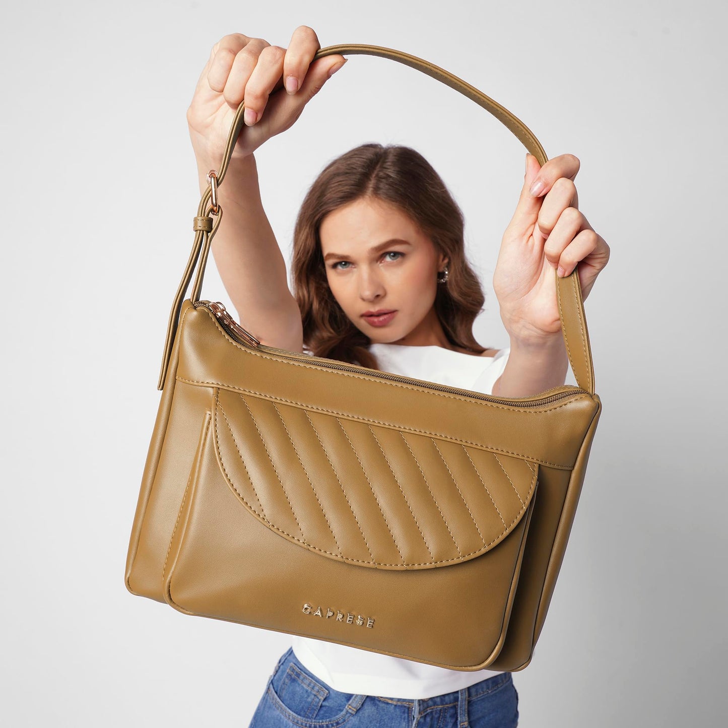 Caprese Jessica Hobo Medium Brown Bag for Women Shoulder Bag with Adjustable Strap|Back Zip|Trendy New Shape, Spacious Design, Ideal for Office, Daily Use, and Travel