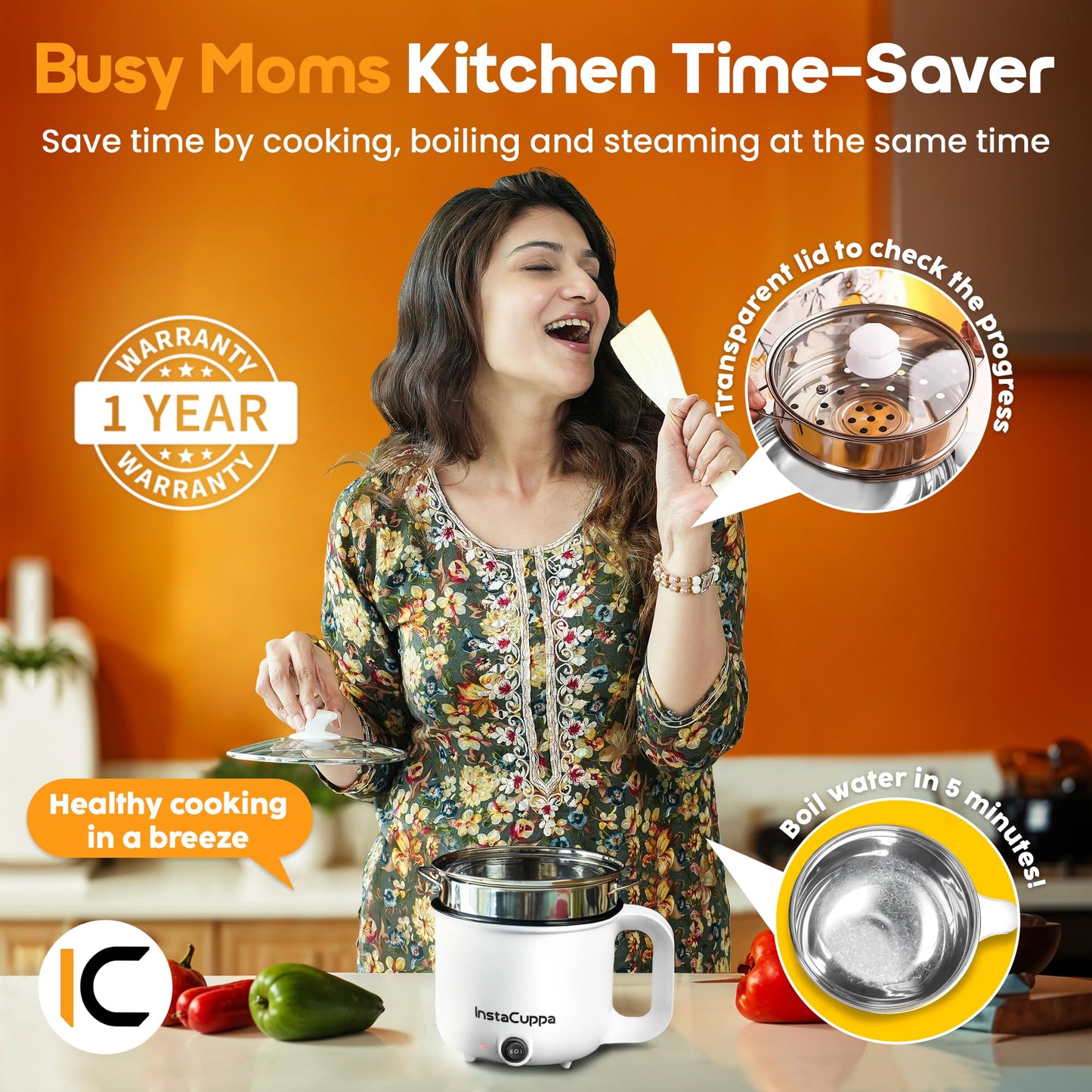 InstaCuppa 3-in-1 Multi Cook Kettle with Steamer, 1.2 L Inner Pot, Adjustable Temperature Settings, Wide Mouth, Ideal for Boiling Milk, Tea, Coffee, Eggs & Steaming Veggies, 600 Watts, Elegant White