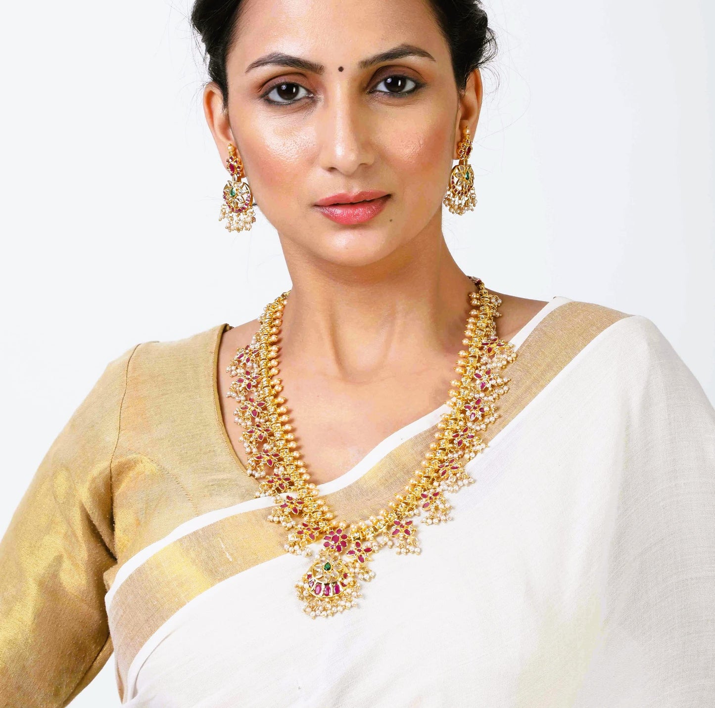 Estele Gold Plated CZ Traditional Necklace Set With Intricate Pearls Work for Women