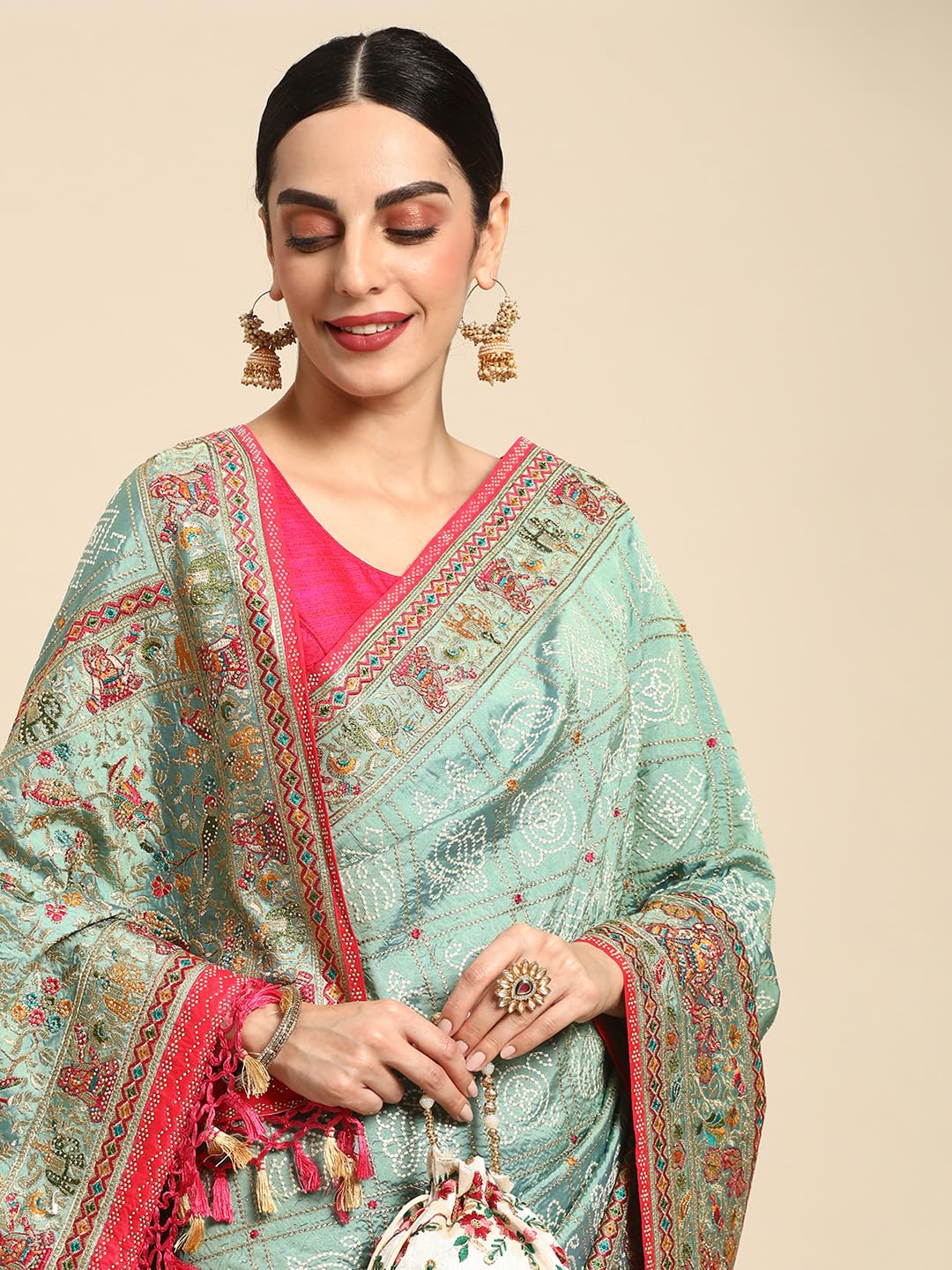 MOHEY Green Art Silk Mirror Embroidered Saree for Women