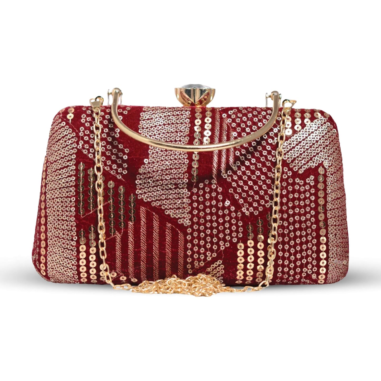 Artklim Sequins Embroidery Velvet Party Clutch Bag For Women | Wedding Clutch Purse With Detachable Chain Sling Strap, Maroon