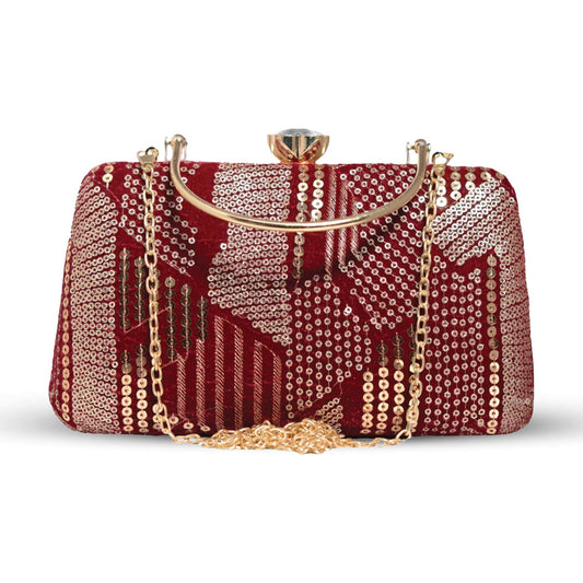 Artklim Sequins Embroidery Velvet Party Clutch Bag For Women | Wedding Clutch Purse With Detachable Chain Sling Strap, Maroon