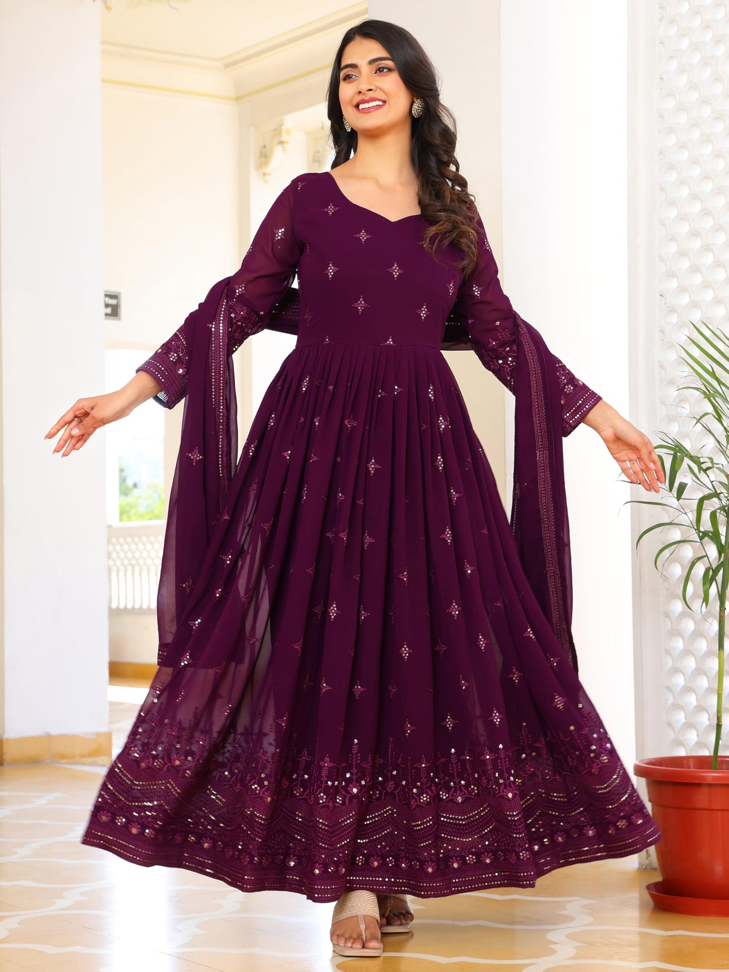 Fashion Basket Women's Georgette Anarkali Lond Dress with Duptta Purple