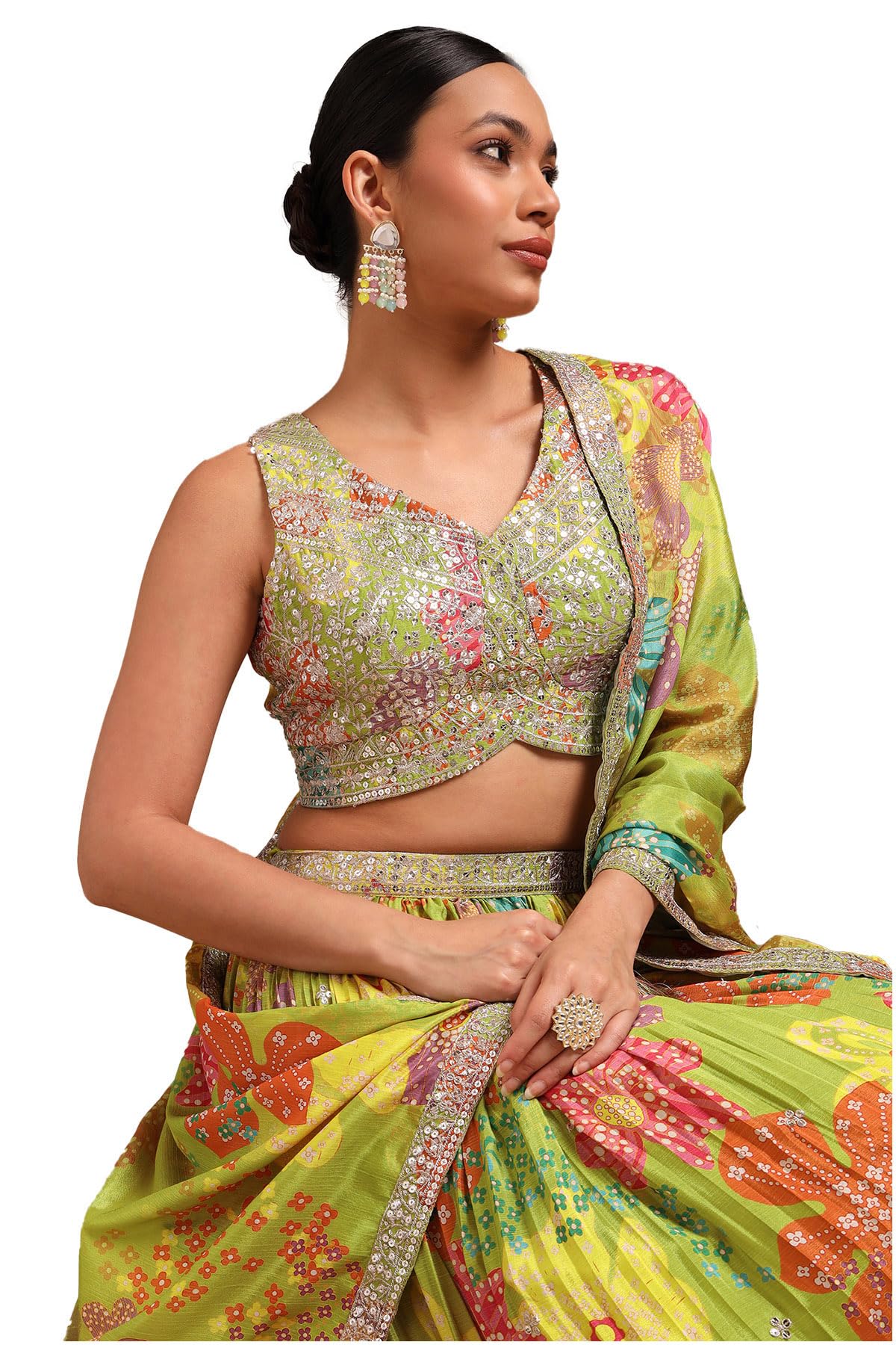 Soch Womens Light Green Chinon Blend Floral Print Lehenga Choli With Sequins