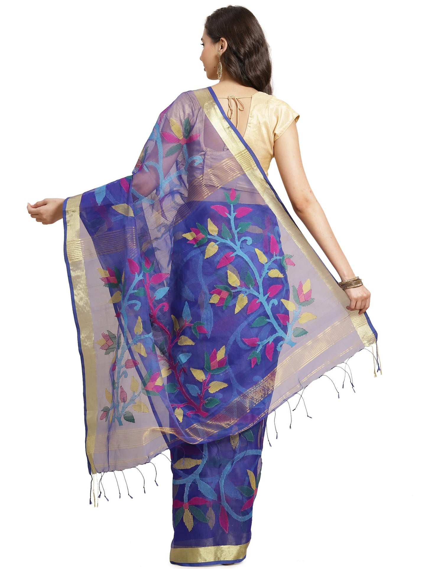 Aditri Women's Handloom Jamdani on Resham Silk Saree with Running Blouse (Multicolored)