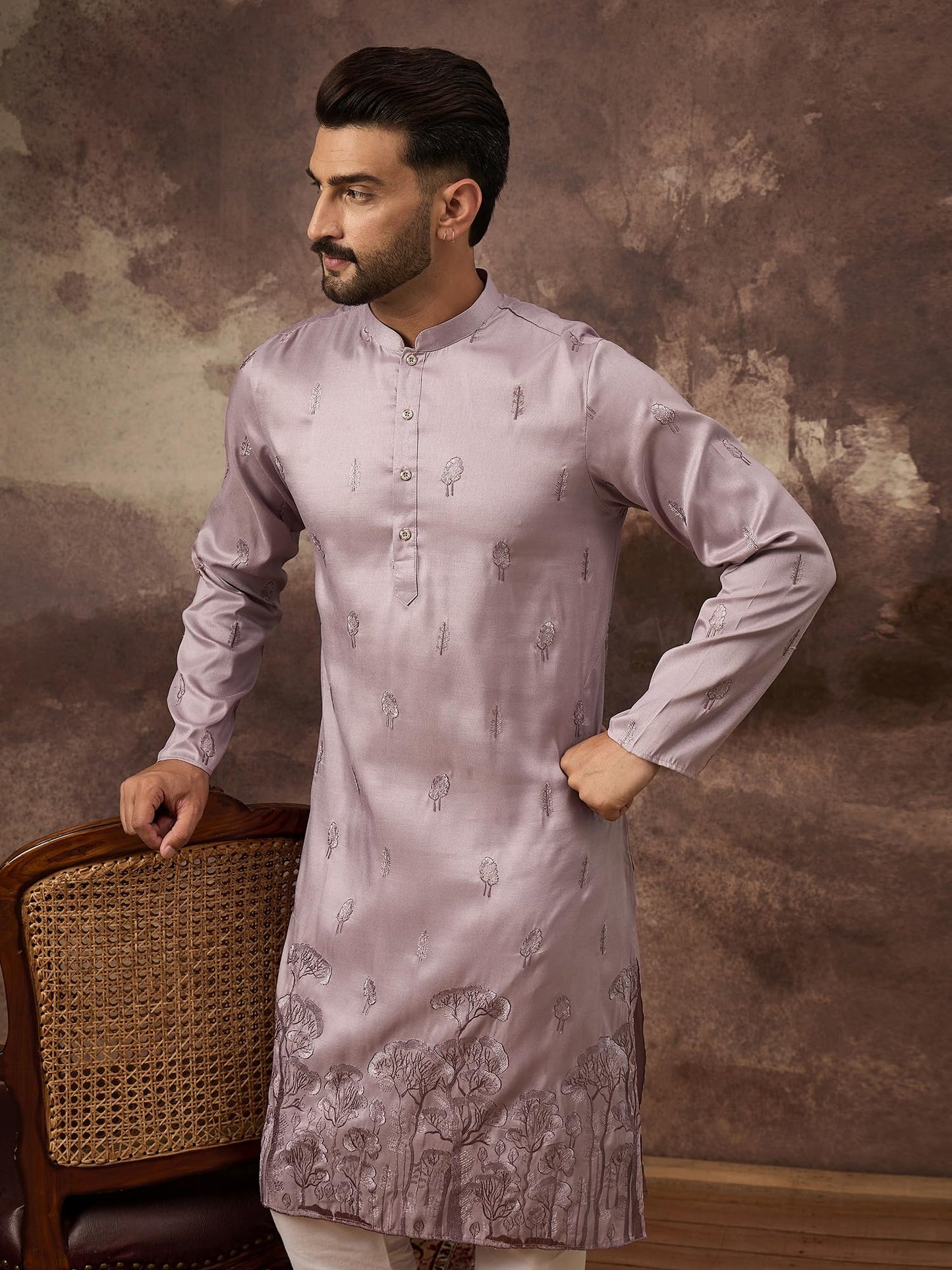 Ethnic Bay Men's Lavender Silk Blend Solid Embroidered Calf Length Kurta's | Embroidered Kurta for Men | Straight Fit Kurtas for Mens (MKU1333, S)