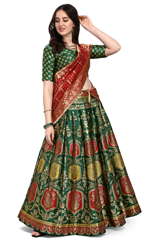 PURVAJA Women's Jacquard Semi-Stitched Lehenga choli (Kalash-D-Green_Green_Free Size)