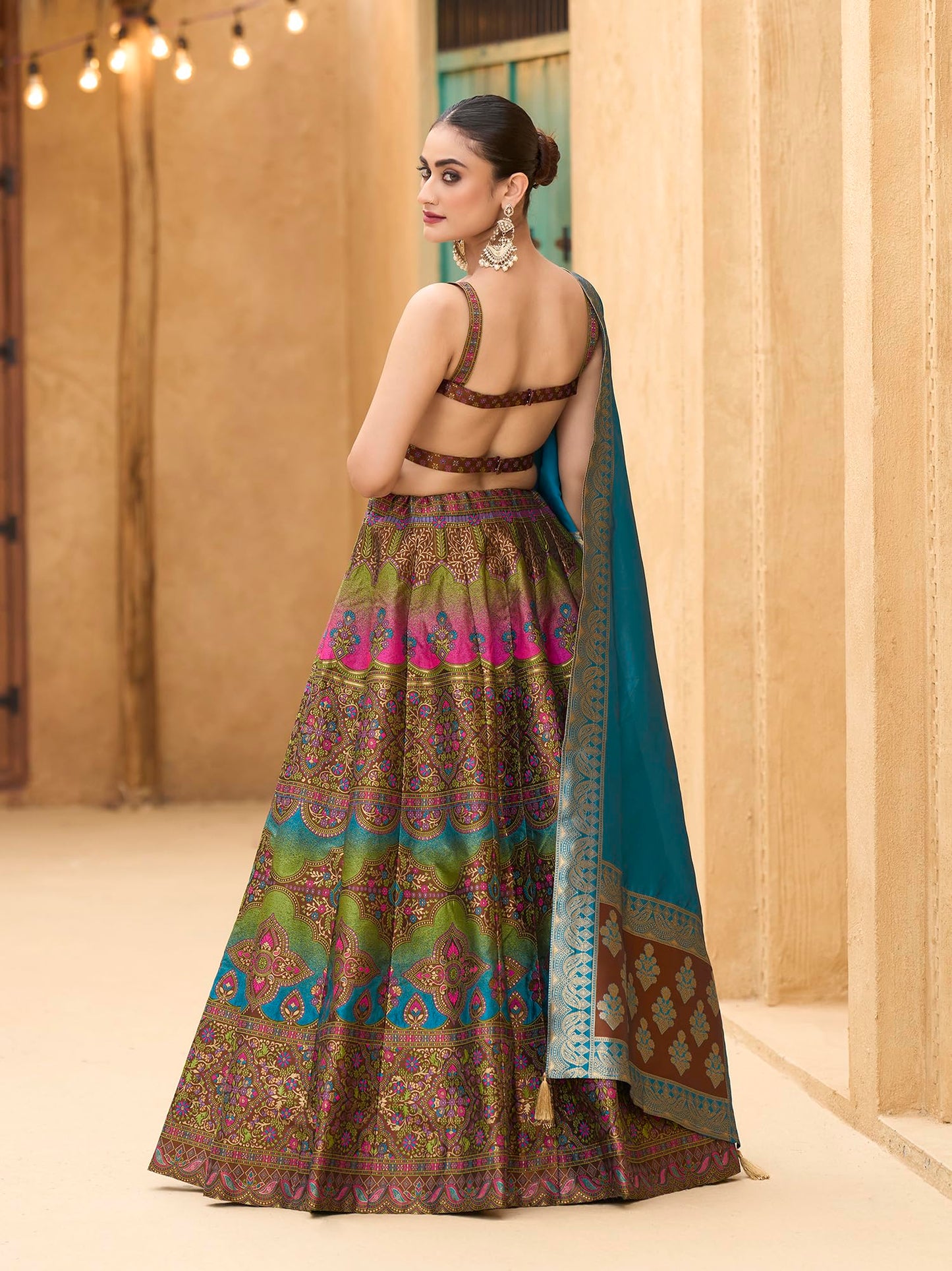 PURVAJA Women's Kanjiwaram Semi-Stitched Lehenga choli (Nazm-Brown_Free Size)