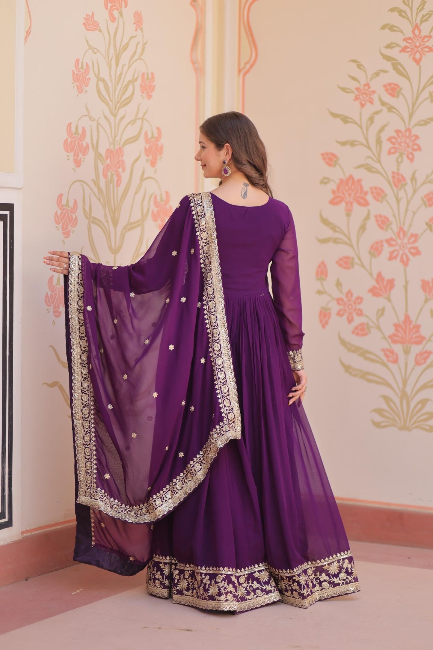 Mehervaa by vinni Purple Anarkali Suit with Gold Embroidery, Long Sleeve Ethnic Dress, Dupatta Included, Traditional Indian Wear (IN, Alpha, L, Regular)