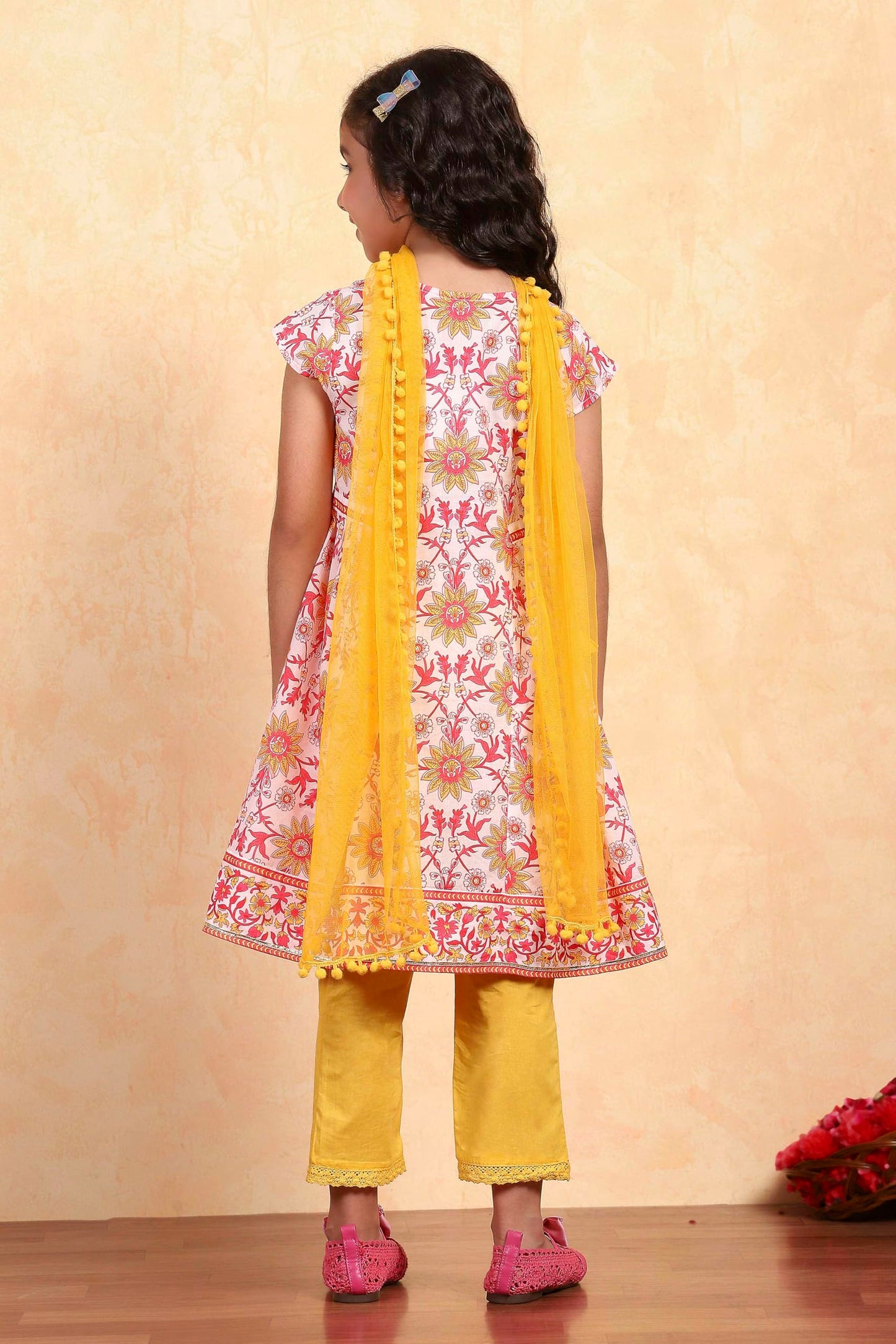 Biba Girl's White Cotton Flared Printed Suit Set