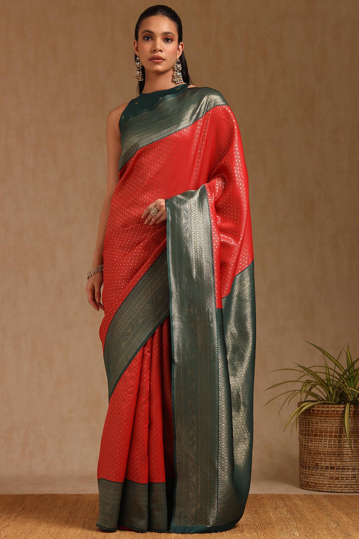 Soch Womens Red Silk Blend Zari Woven Saree With Zari Woven