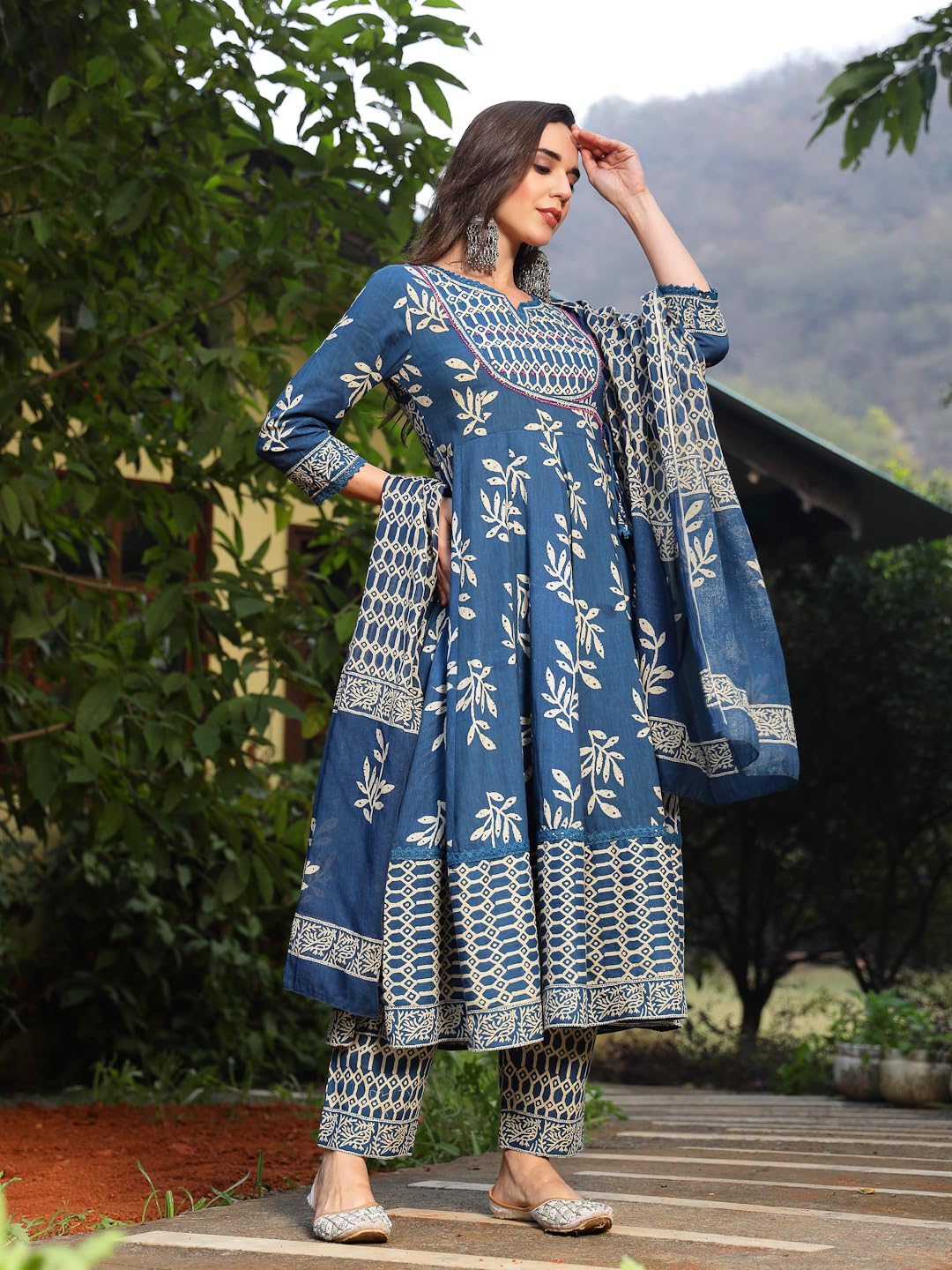 Stylum Women's Floral Printed Cotton Anarkali Kurta Pant Dupatta Set