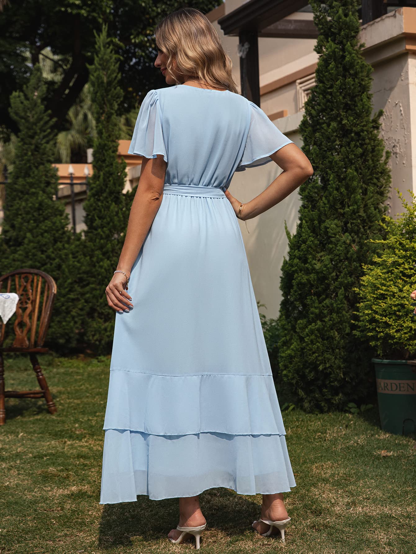 Simplee Womens Summer Chiffon Wrap Casual Maxi Ruffle Split Dress Flowy Bridesmaid Wedding Party Evening Cocktail with Belt, Ruffle-light Blue, XL