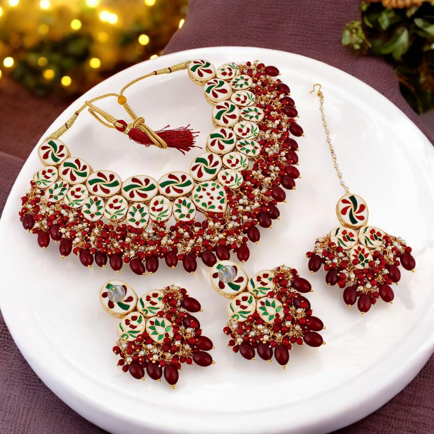 Lucky Jewellery Womens Back Meenakari 18K Gold Plated Maroon Color Set With Earring And Mang Tika Combo Uncut Big Faux Kundan Choker Necklace Set (2415-J5SK-1815-M)