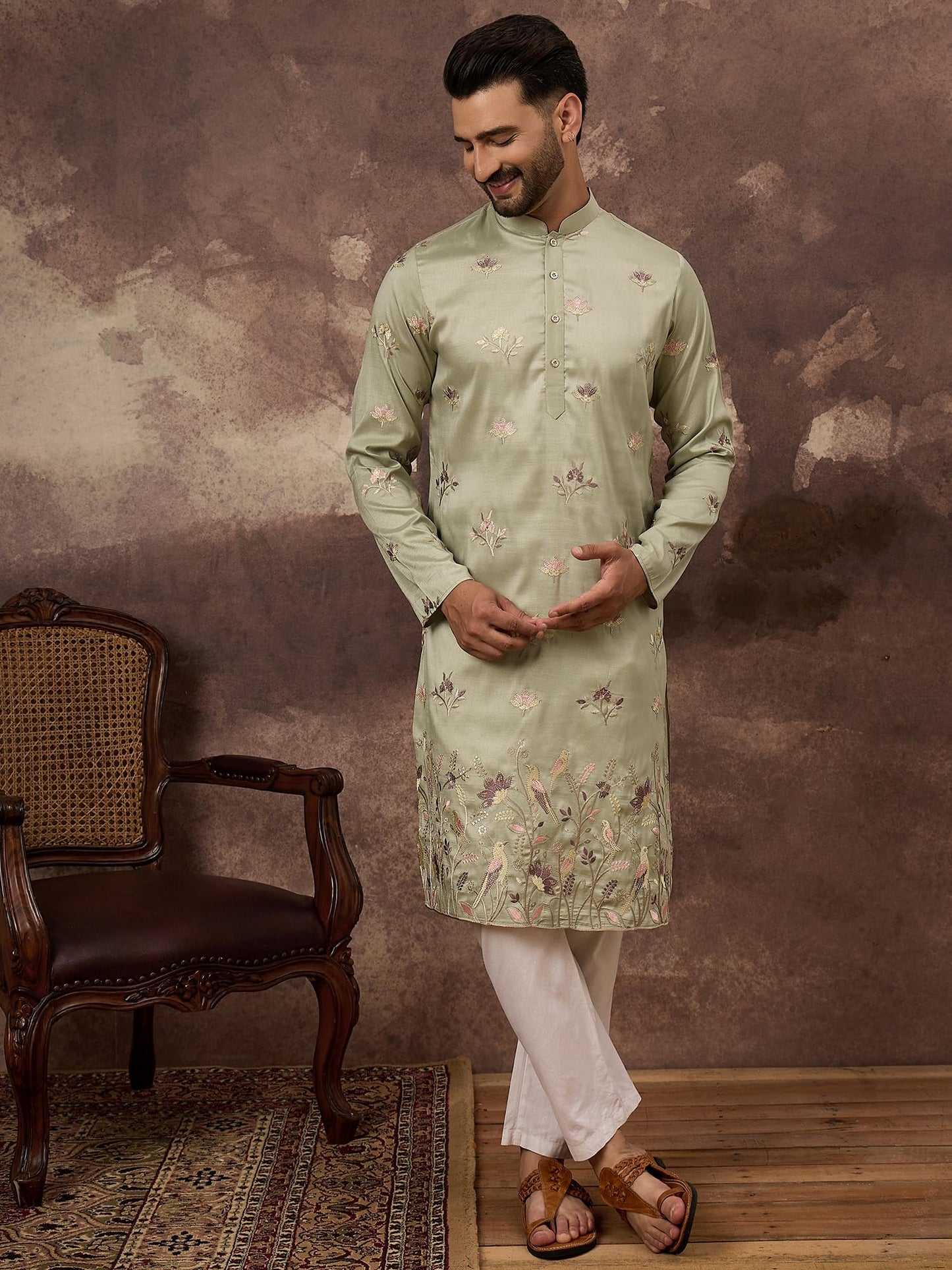 Ethnic Bay Men's Green Silk Blend Solid Embroidered Calf Length Kurta's | Embroidered Kurta for Men | Straight Fit Kurtas for Mens (MKU1341, M)