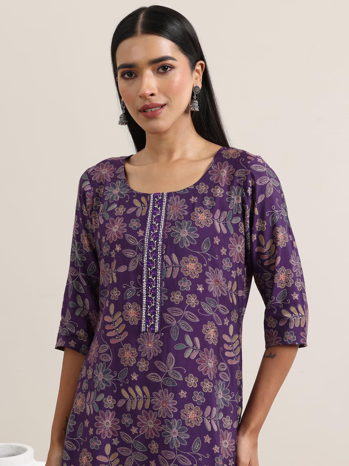 Libas Womens Printed Silk Blend Straight Kurta With Salwar and Dupatta