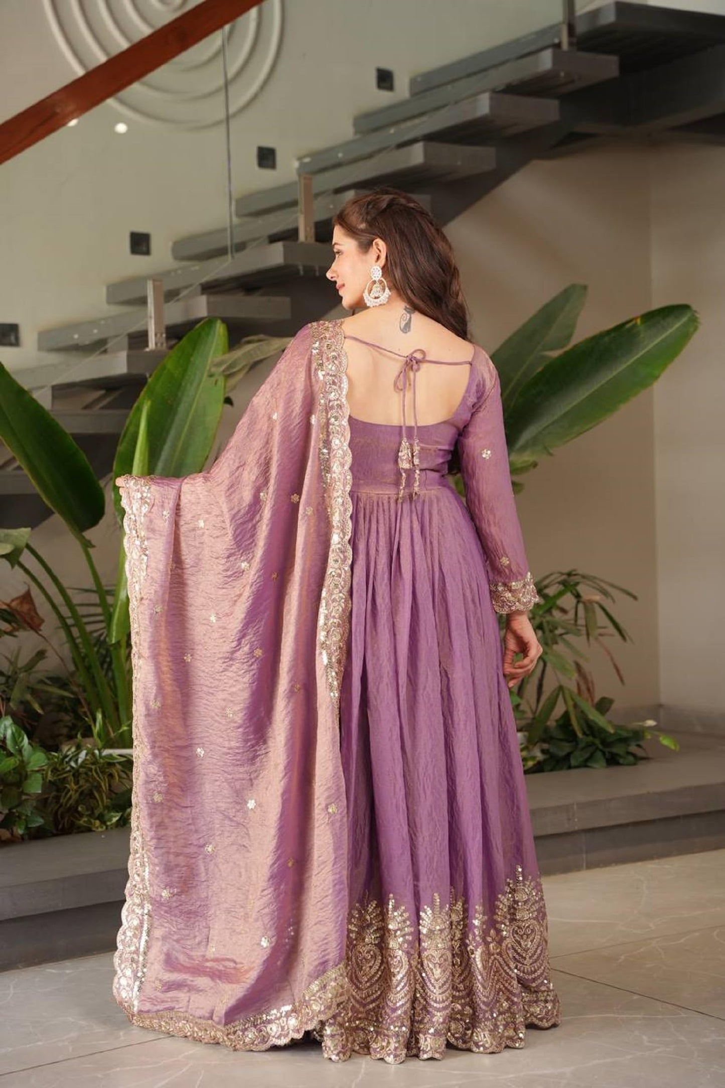 StyleSync Women Fandy Silk Anarkali kurta with Dupatta Embroidery Sequins Work Full Length Ethnic Wear for Festive Occasion (Mauve Purple, XXL)