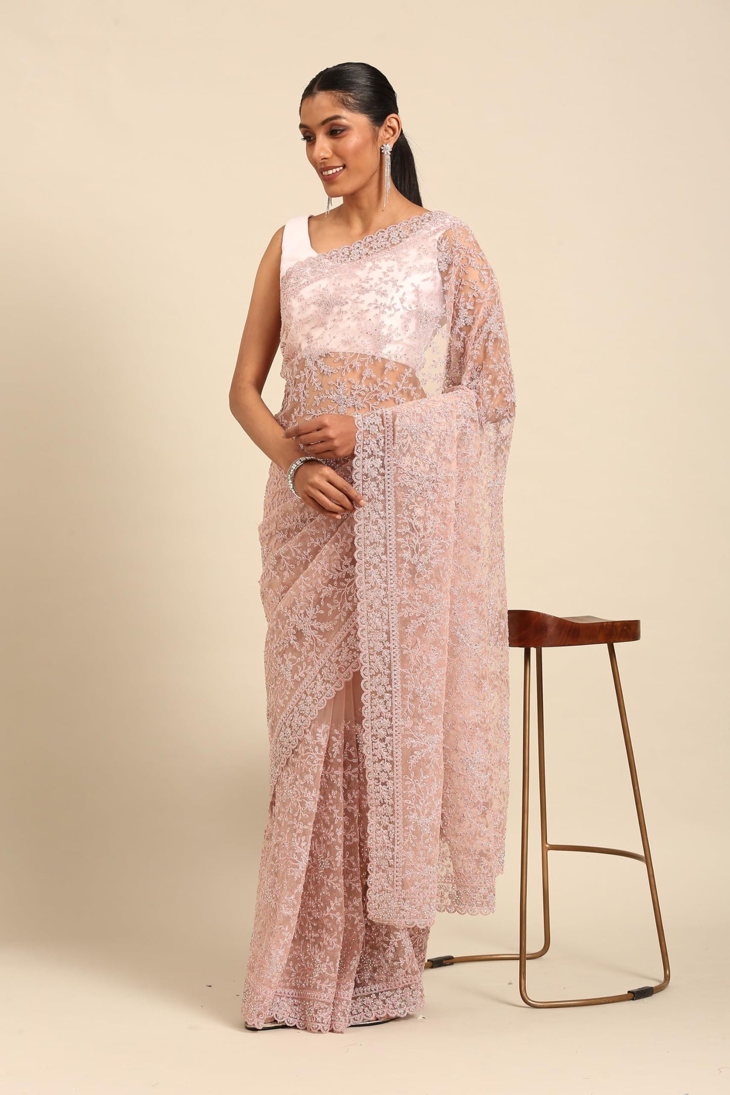 MOHEY Women's Pink Net Thread Work|Zari Saree (PINK)