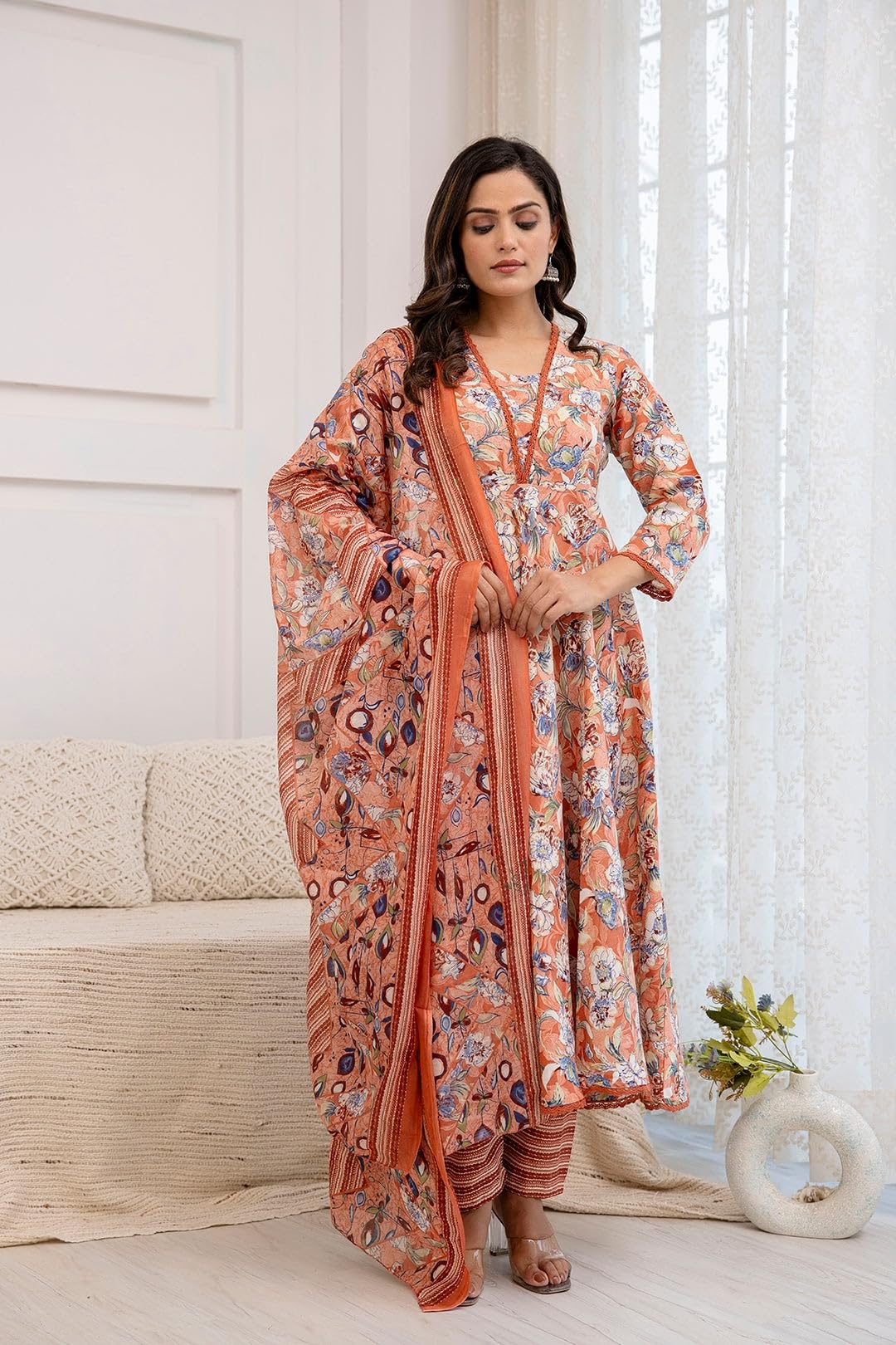 PARTHVI Women's Printed Cotton Anarkali Kurta and Pant with Dupatta Set (6X-Large Peach)