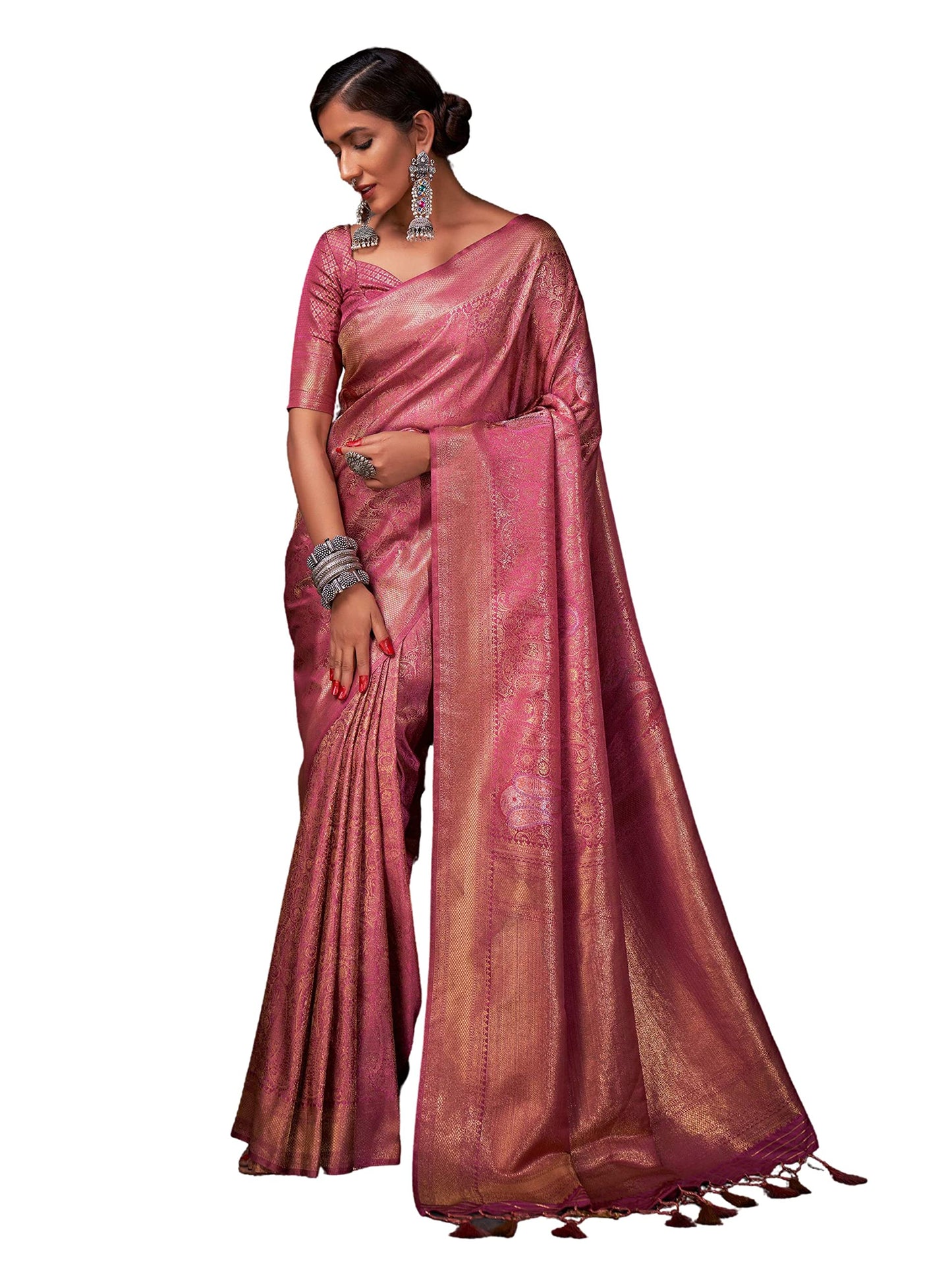 Vardha Women's Kanchipuram Art Silk Saree with Unstitched Blouse Piece - Gold Copper Silver Zari Woven Work Sarees for Wedding (Ayana Silk_538)