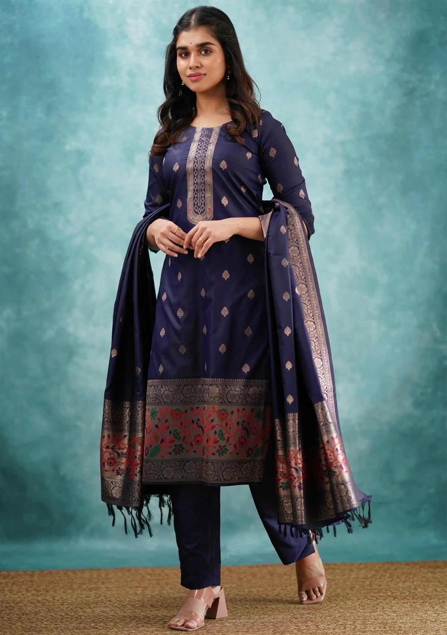 Leeli Peeri Designer Women's Art Silk Woven Zari Work Straight Kurta With Pant and Dupatta