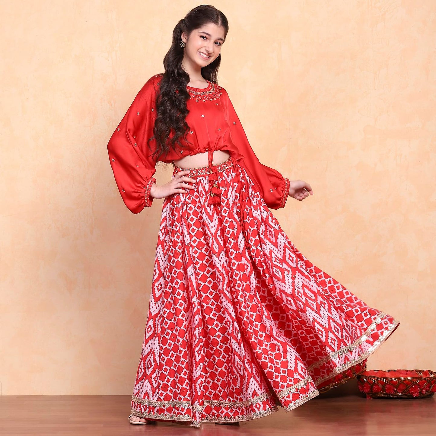 Biba Girl's Polyester Lehenga Set (KWSNKIS6316SS25RED_Red_16-17 Year)
