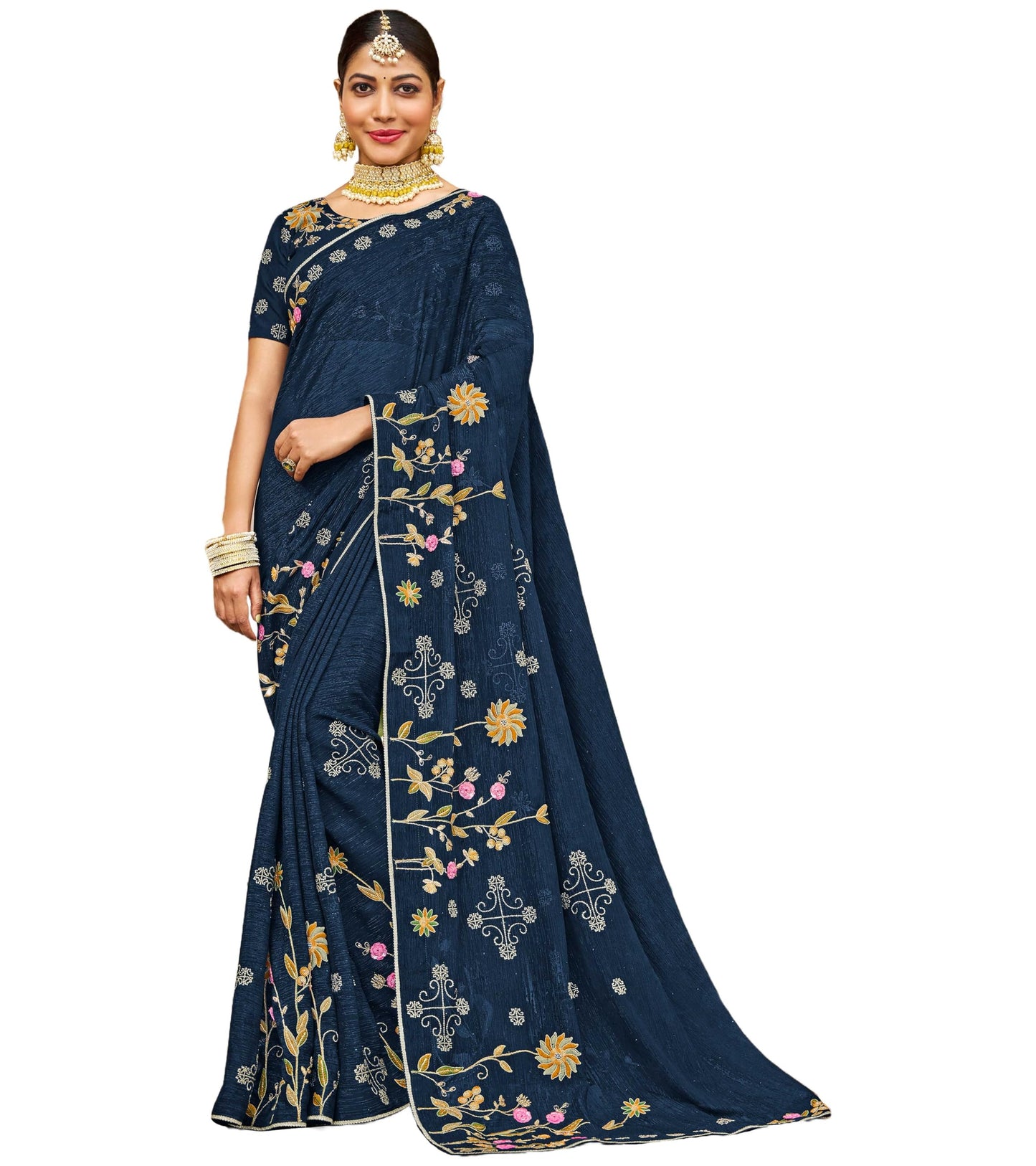Laxmipati Sarees Women's Floral Embroidery Chiffon Saree in Blue Color with unstitched Blouse Material - Embrace Trendy Style And Timeless Elegance in this Exquisite Attire