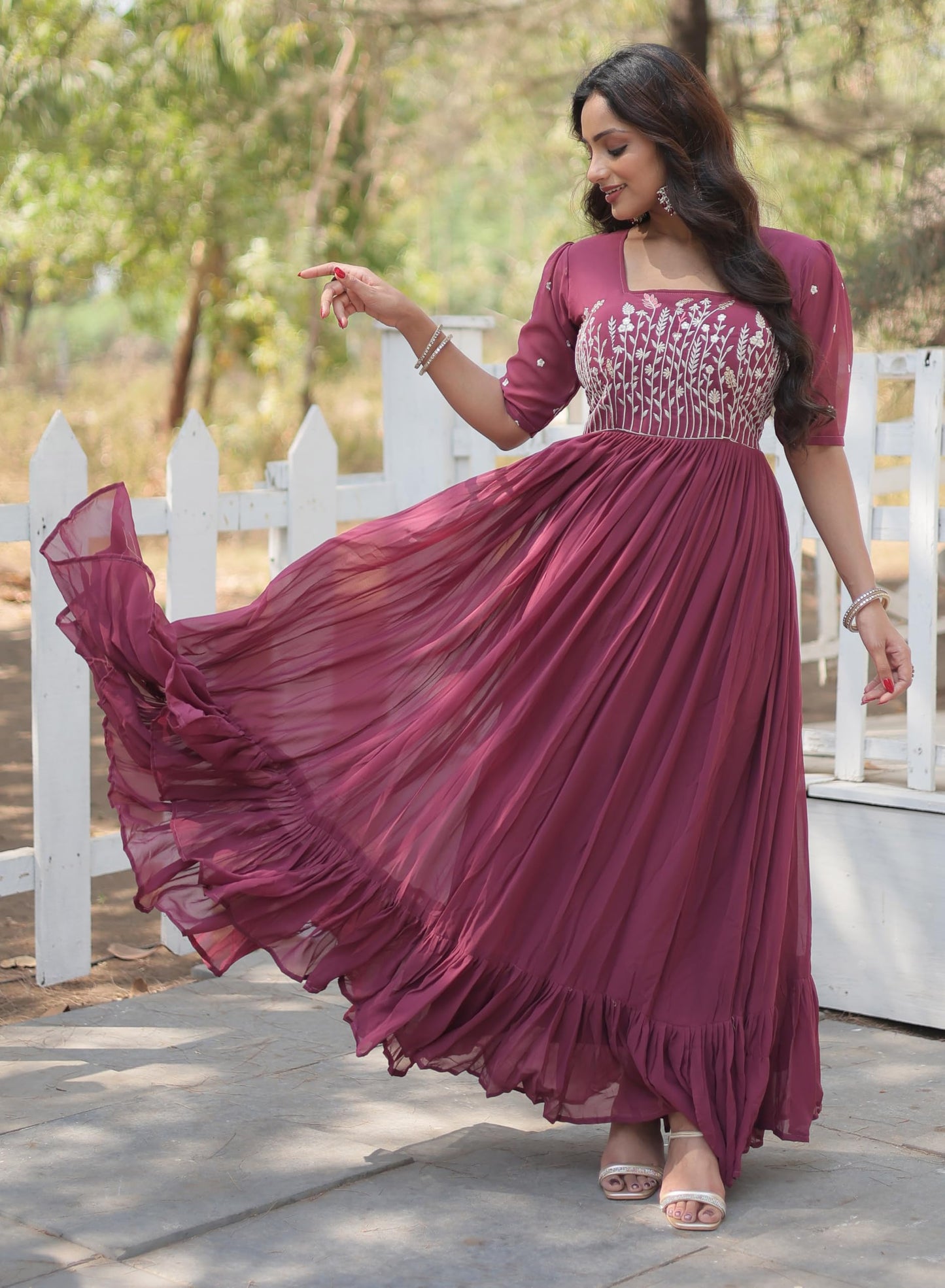 Fashion Basket Georgette Anarkali Gown with Sequins and Embroidery for Women with Long Sleeves (Medium, Magenta)