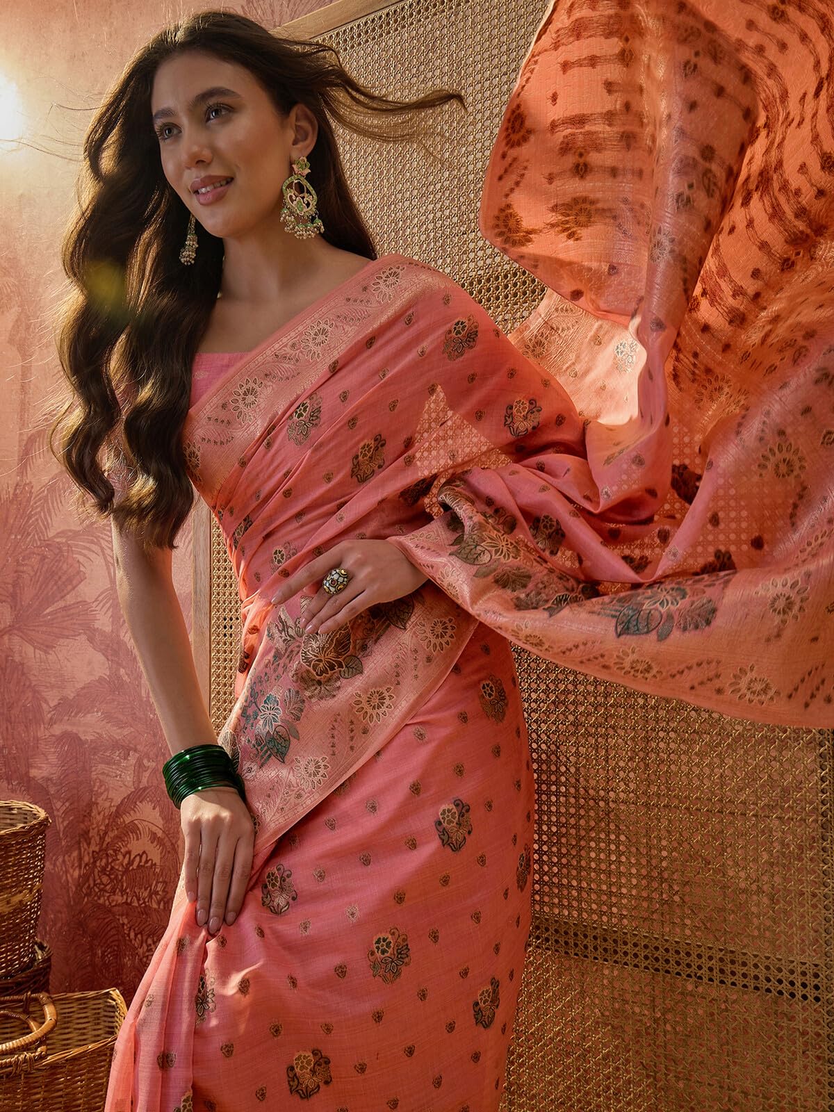 SIRIL Women's Silk Jacquard Saree with Unstitched Blouse Piece (5305S881_Light Coral Pink)