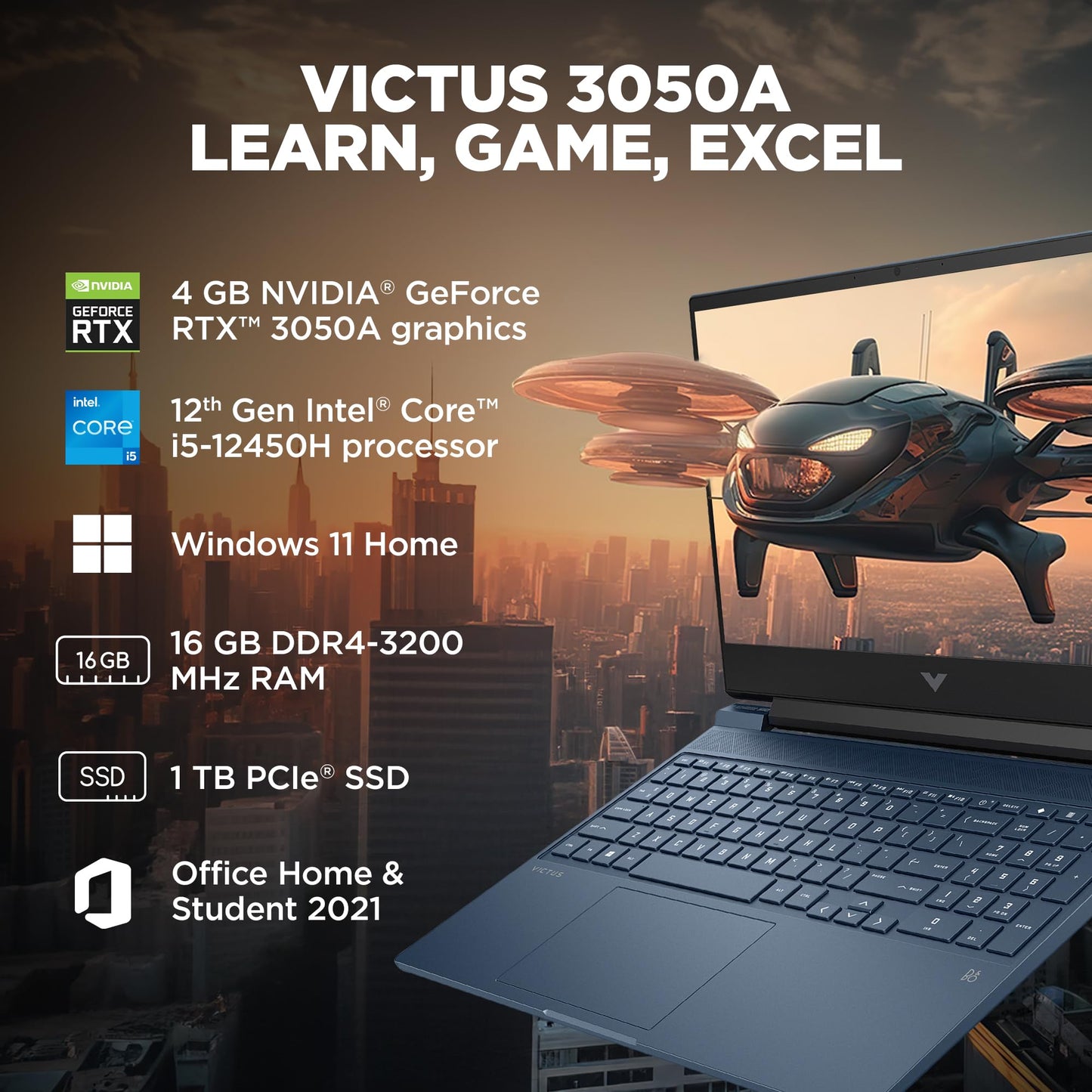 HP Victus Special Edition, 12th Gen Intel Core i5-12450H, 4GB RTX 3050A GPU, 15.6-inch (39.6 cm), FHD, IPS, 144Hz, 16GB DDR4, 1TB SSD, Backlit KB, 9ms Response time (MSO, Blue, 2.29 kg), fa1388TX