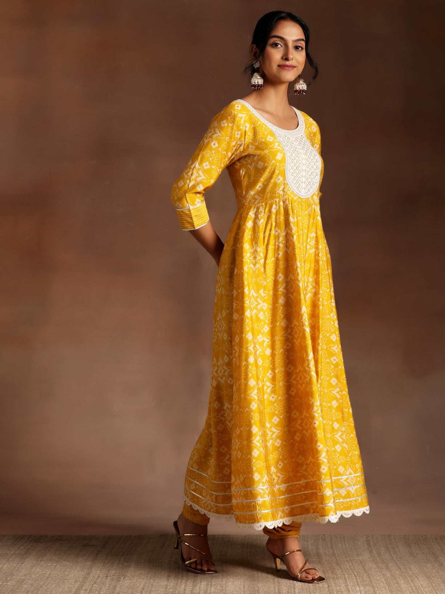 Libas Mustard Printed Silk Blend Anarkali Kurta With Churidar & Dupatta