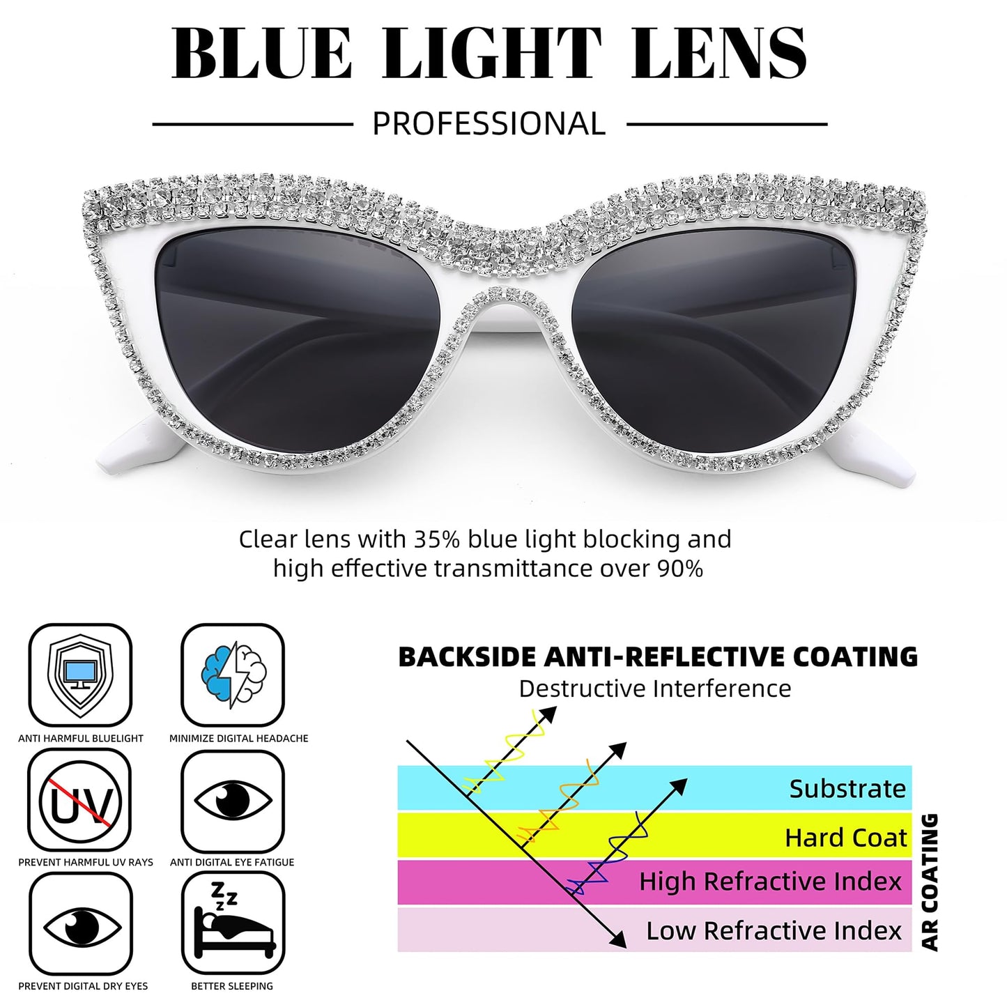 FEISEDY Women Oversized Diamond Sunglasses Fashion Cat Eye Rhinestone Sunglasses Jeweled Frame Costume Party B2360, White Stripe Diamond, 51mm