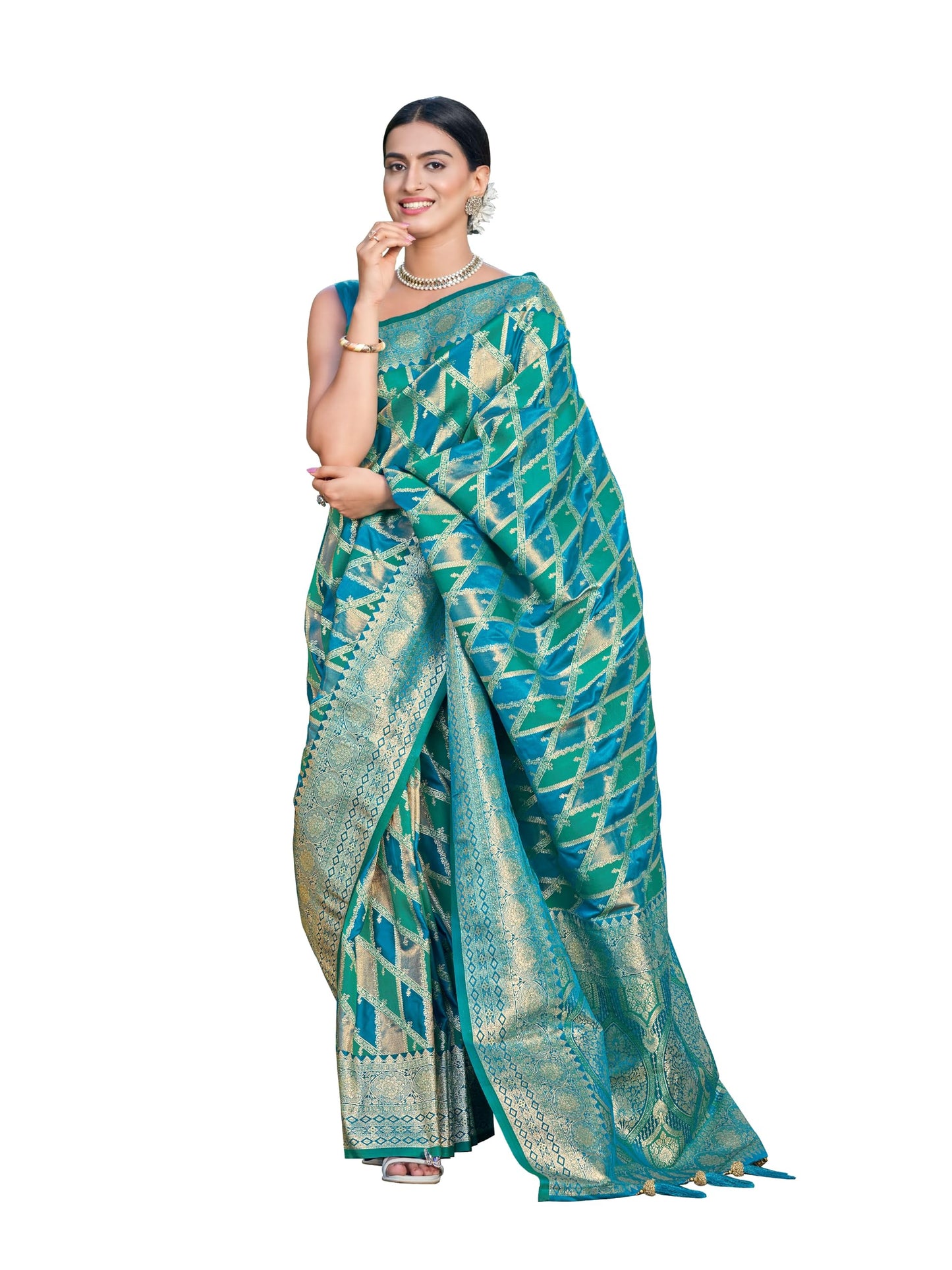 MANOHARI Women's Most Trendy Banarasi Satin Silk Woven Turquiose Blue Saree With Heavy Jacquard Work Saree With Blouse Piece_MN2042