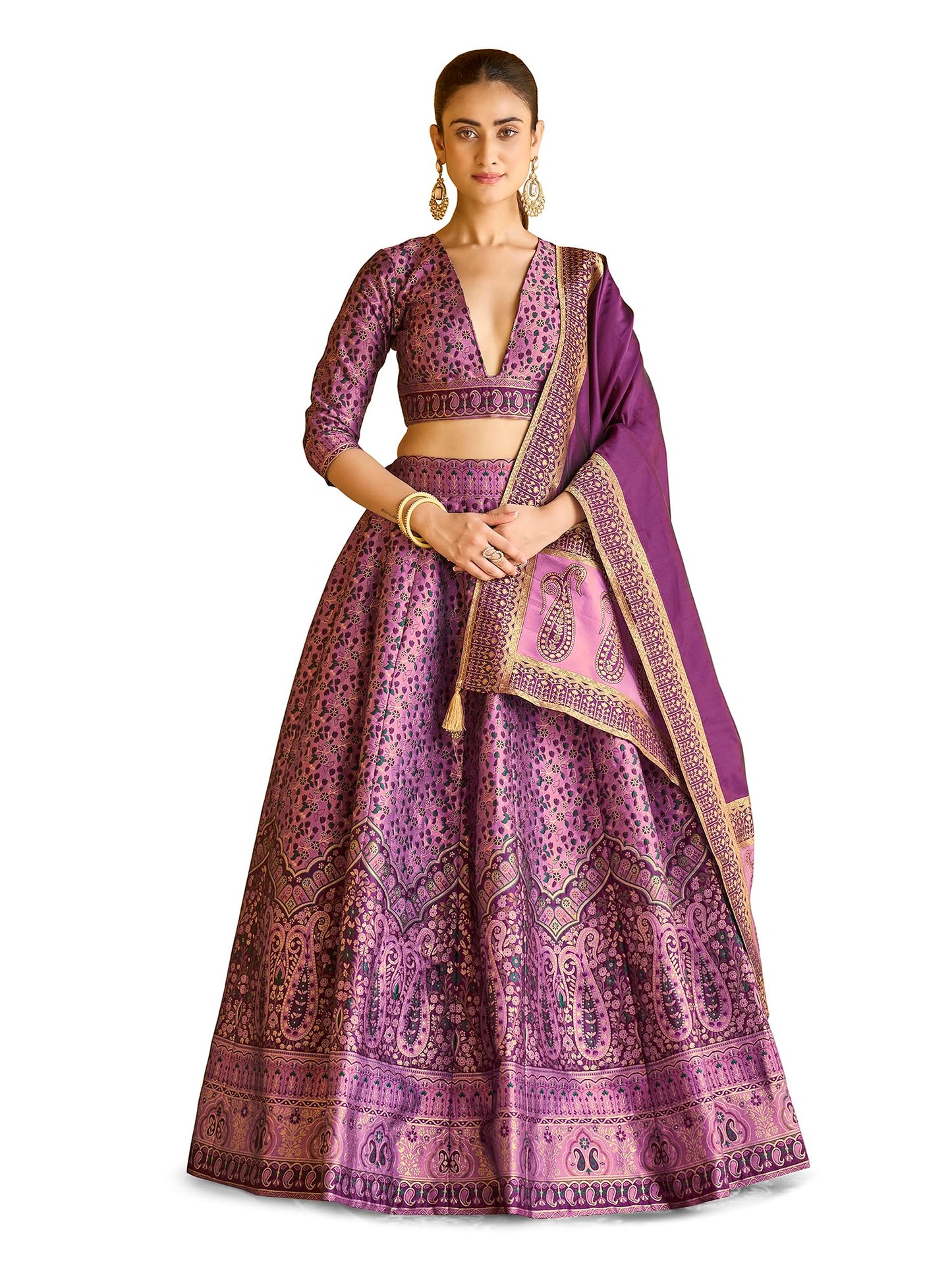 PURVAJA Women's Kanjiwaram Semi-Stitched Lehenga choli (Nadira-Purple_Free Size)