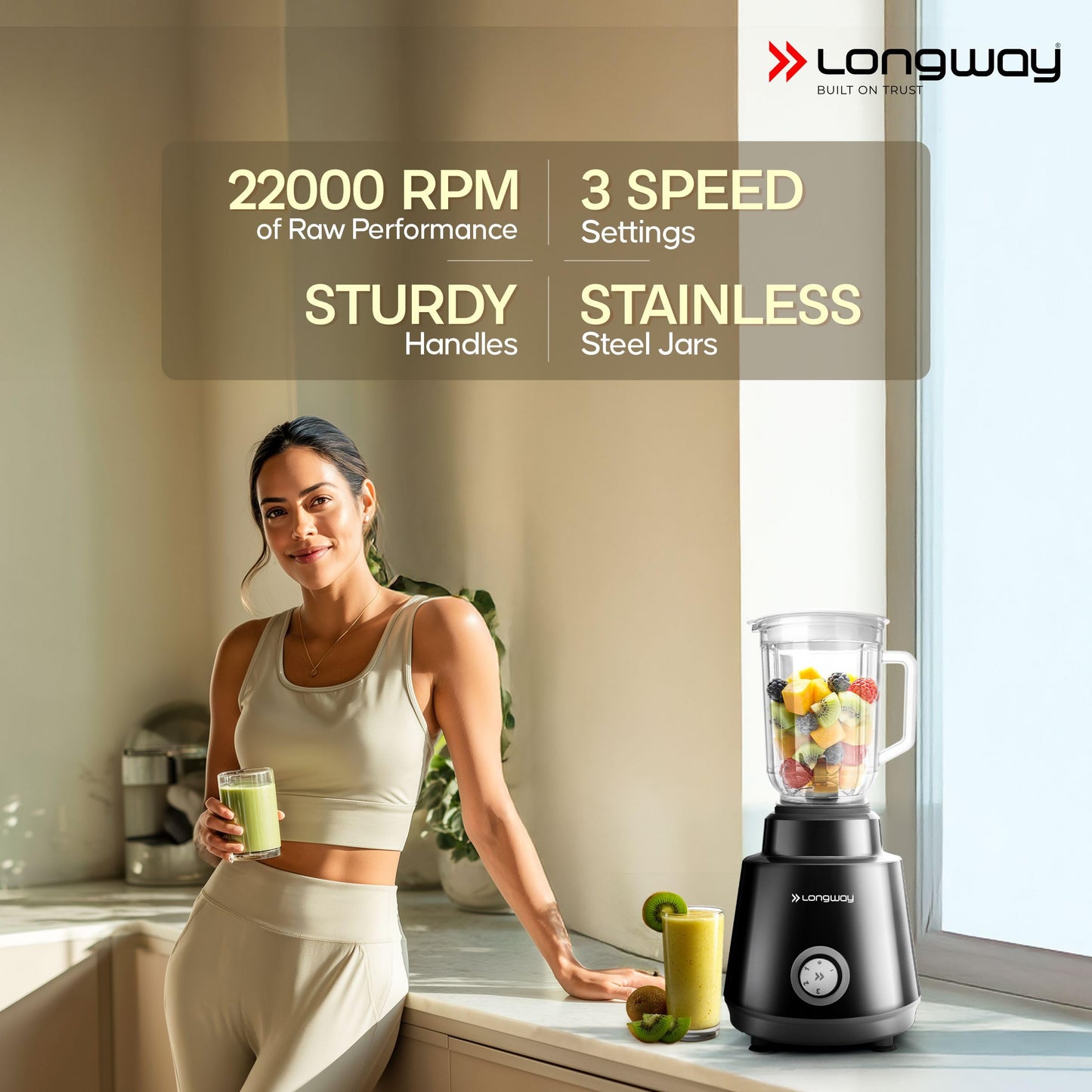 Longway Super Pro 750 Watt Juicer Mixer Grinder with 4 Jars for Grinding, Mixing, Juicing with Powerful Motor | 2 Year Warranty | (Black, 4 Jars)