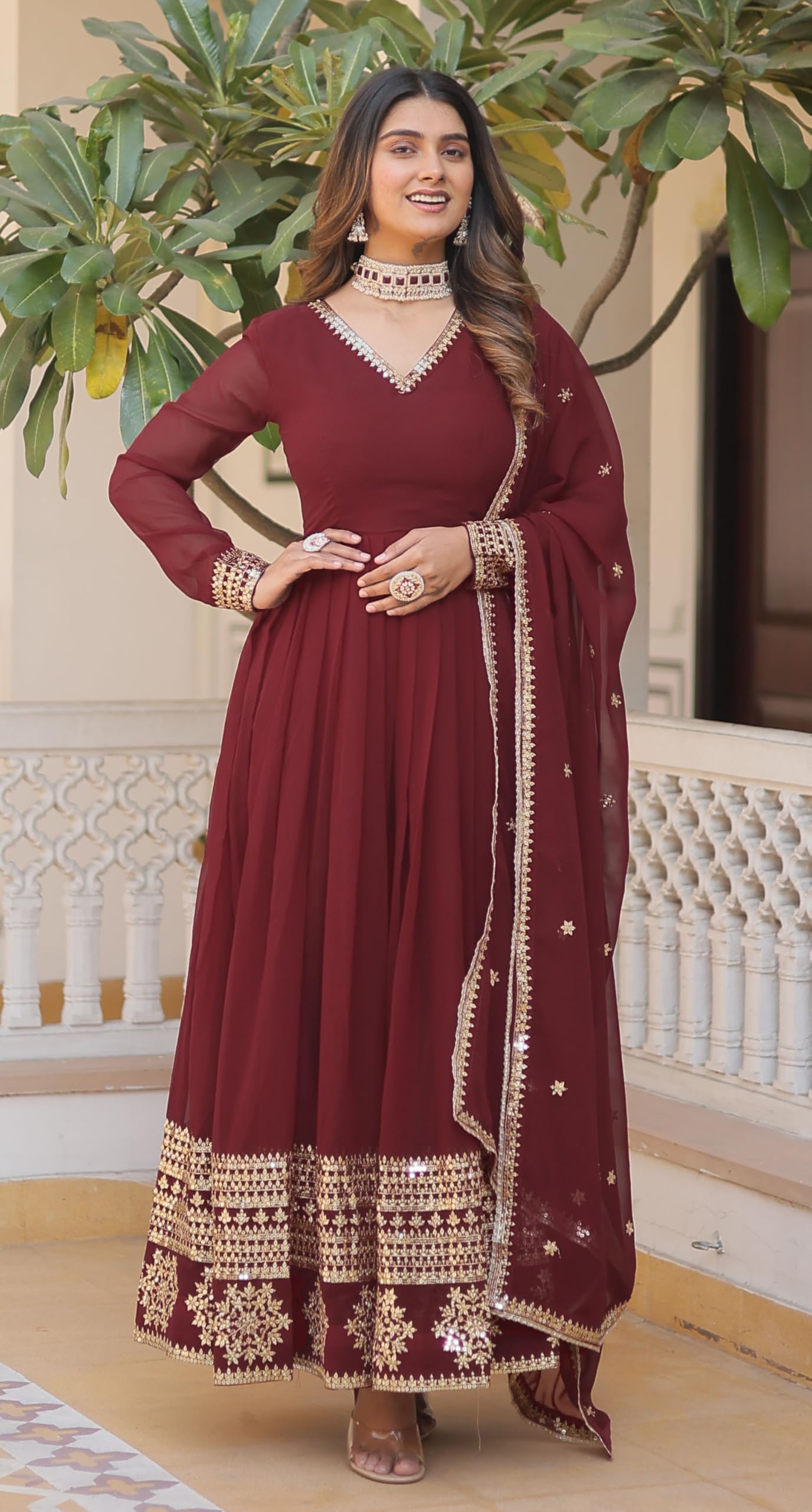 Fashion Basket Havy Georgette Embroidered Anarkali Dress for Women Maroon