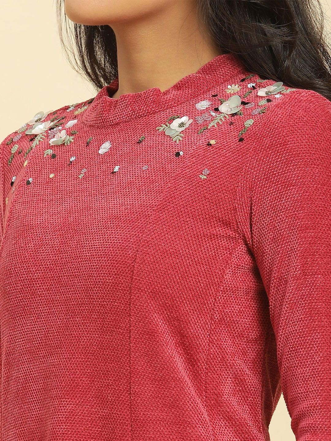 W for Woman Red Embellished Winter Flared Dress (Size: M)-24NOW10211-214829