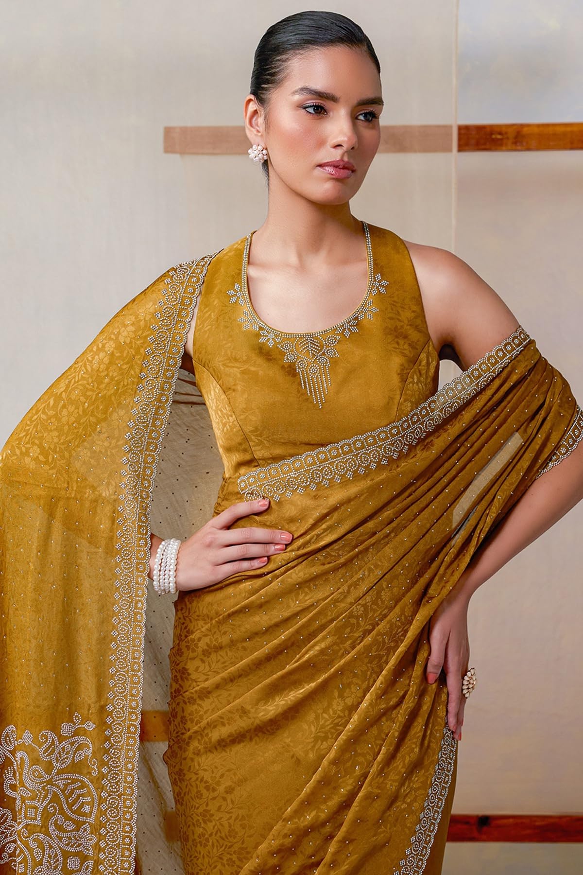 Soch Womens Mustard Fendy Georgette Woven Design Saree With Stone Work