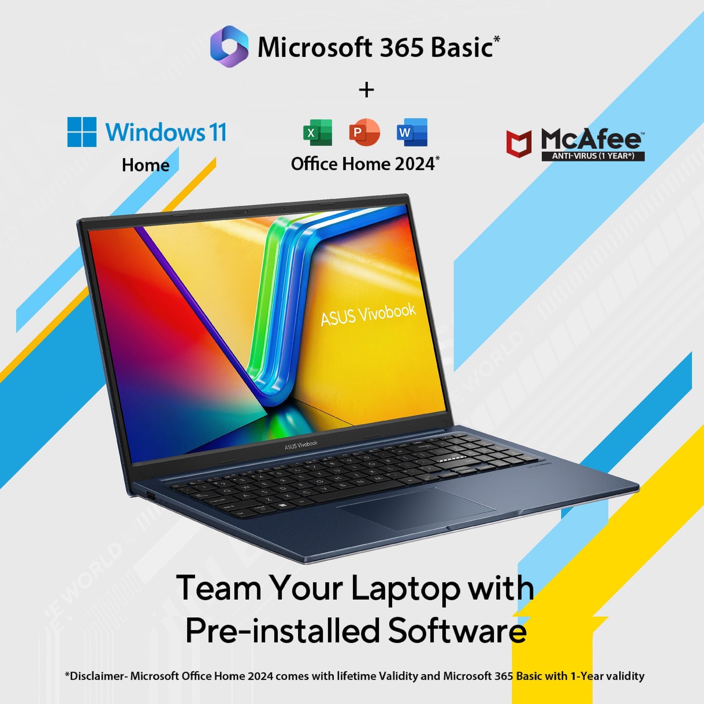 ASUS Vivobook 15 (2026),Intel Core 3 100U (14th Gen),Intel iGPU, 8GB/512GB, FHD, 15.6"(39.6 cm),Windows 11 Home,M365 Basic(1 Year)* Office 2024,Quiet Blue,1.7 Kg, X1504VAP-BQ1322WS,Thin & Light Laptop