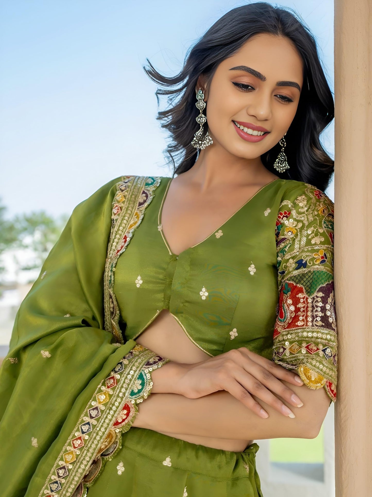 Zeel Clothing Women's Sequins Thread Embroidered Cosmos Silk Lehenga Choli With Dupatta (5128-Women-Lehenga-Choli-Latest; Free size) (Green)