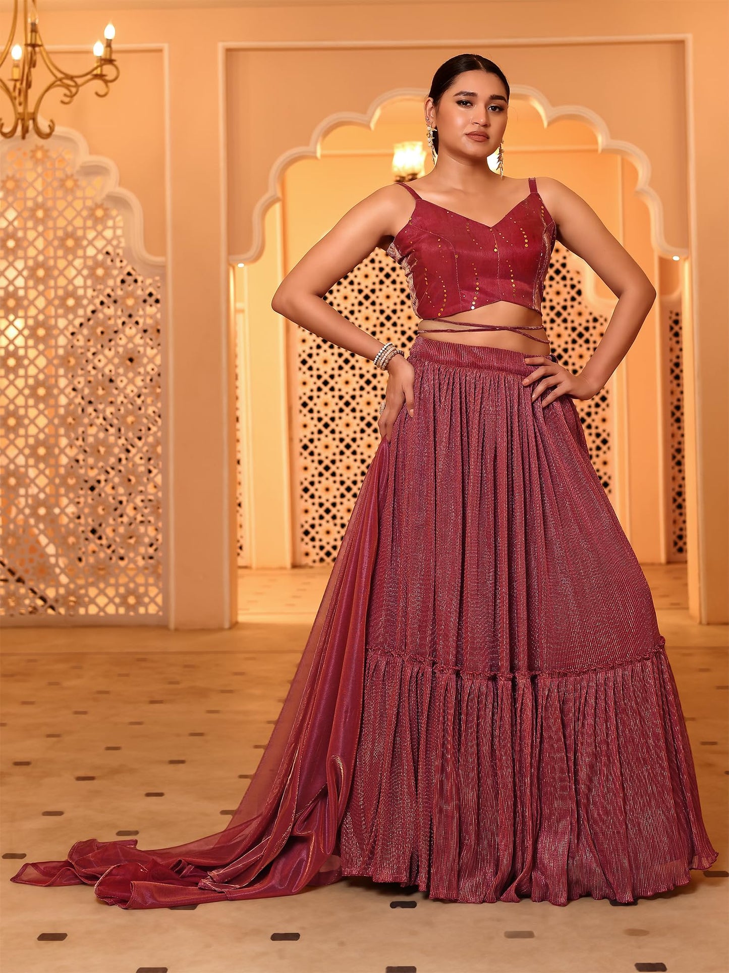 PURVAJA Women Polyester Blend Semi-Stitched Lehenga Choli (Eira-Pink Free Size)