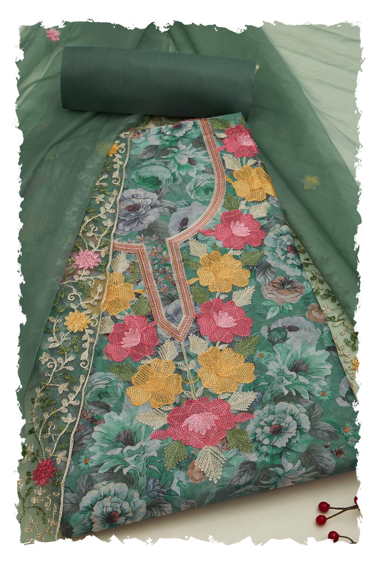 Soch Womens Green Chanderi Floral Print Unstitch Dress Material With Thread Work