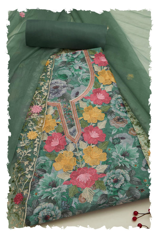 Soch Womens Green Chanderi Floral Print Unstitch Dress Material With Thread Work