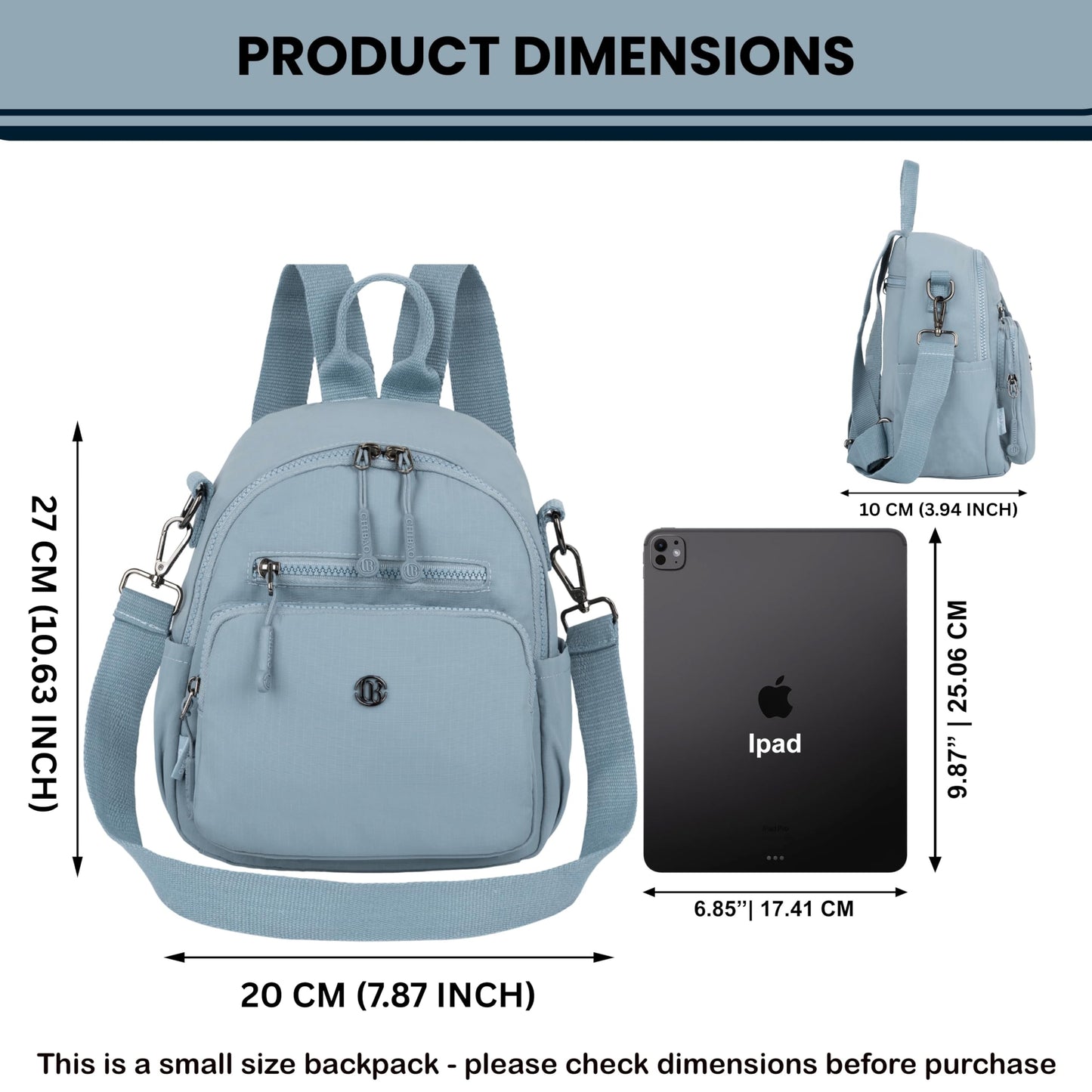 12o12 Water-Resistant Anti-Theft Women's & Girls Mini Backpack with Multiple Compartments Storage, Smooth Zippers, Fashion Casual Crossbody Sling Bag for Trips, Travel Daypack, Work, College (Skyblue)